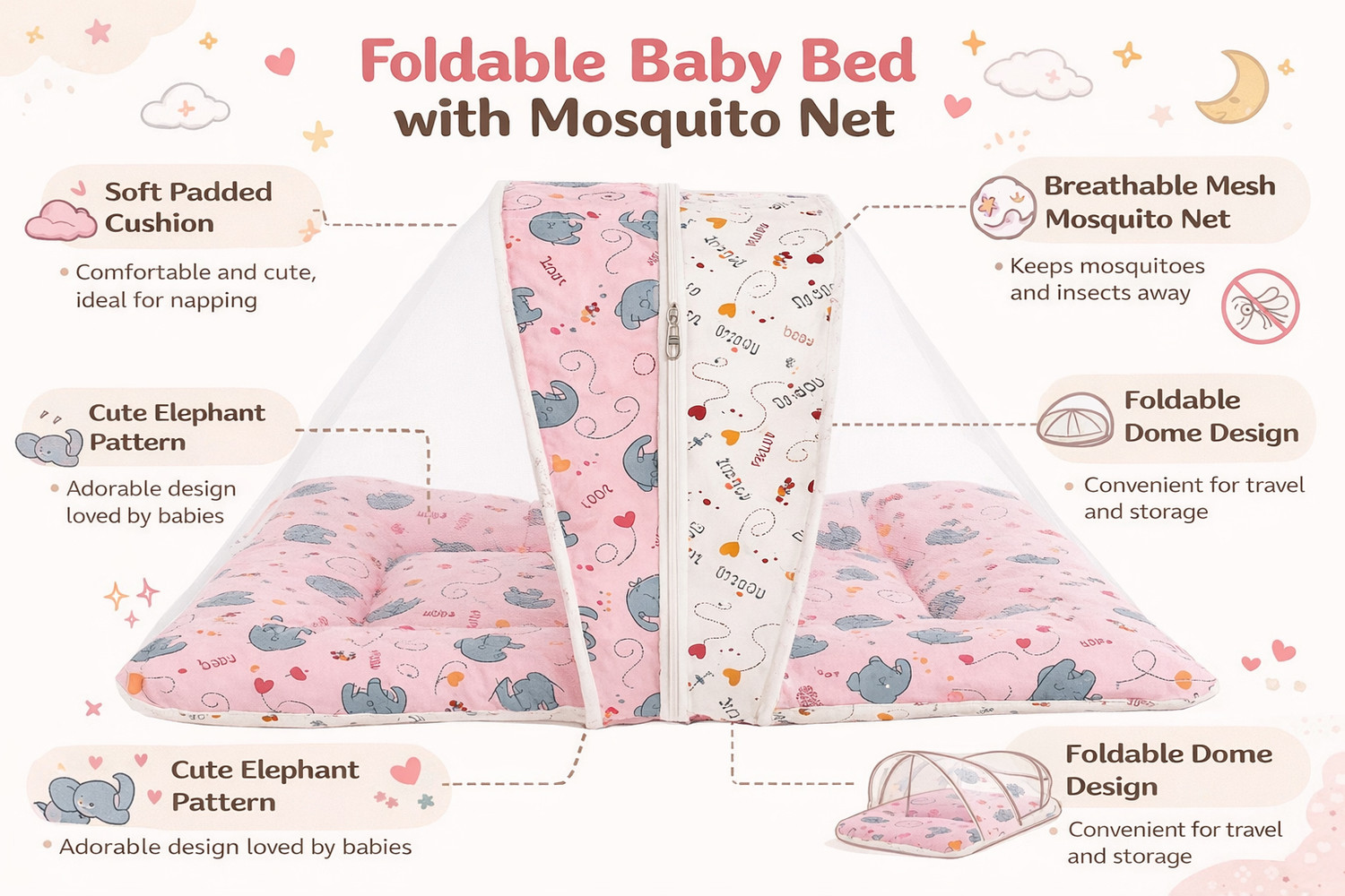 Image of babyfly New Born Baby Bed With Mosquito Net Cotton Washable Kids Mosquito Net