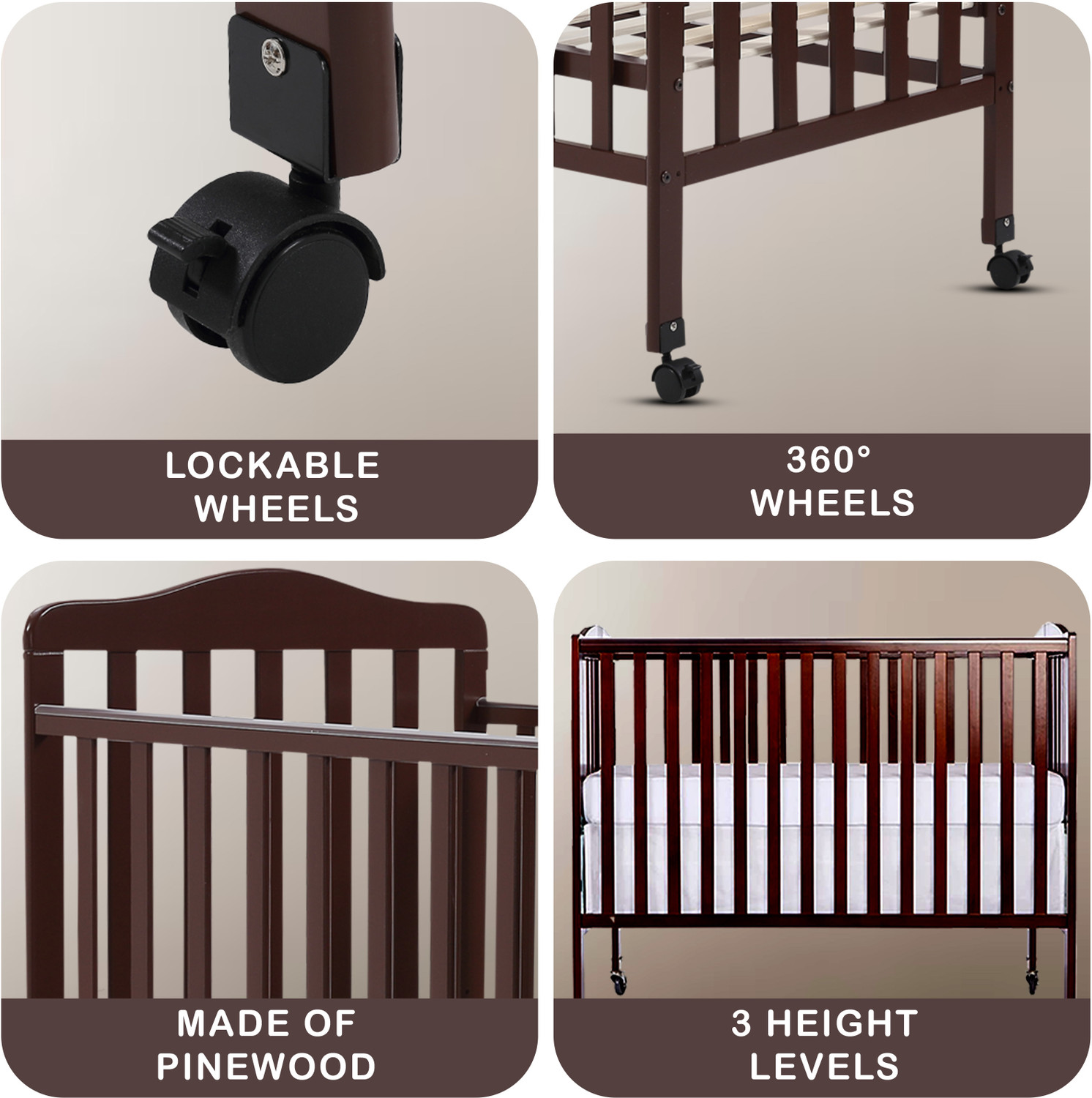 Image of Little Olive Star Wooden Baby Cot For New Born - Brown Cot