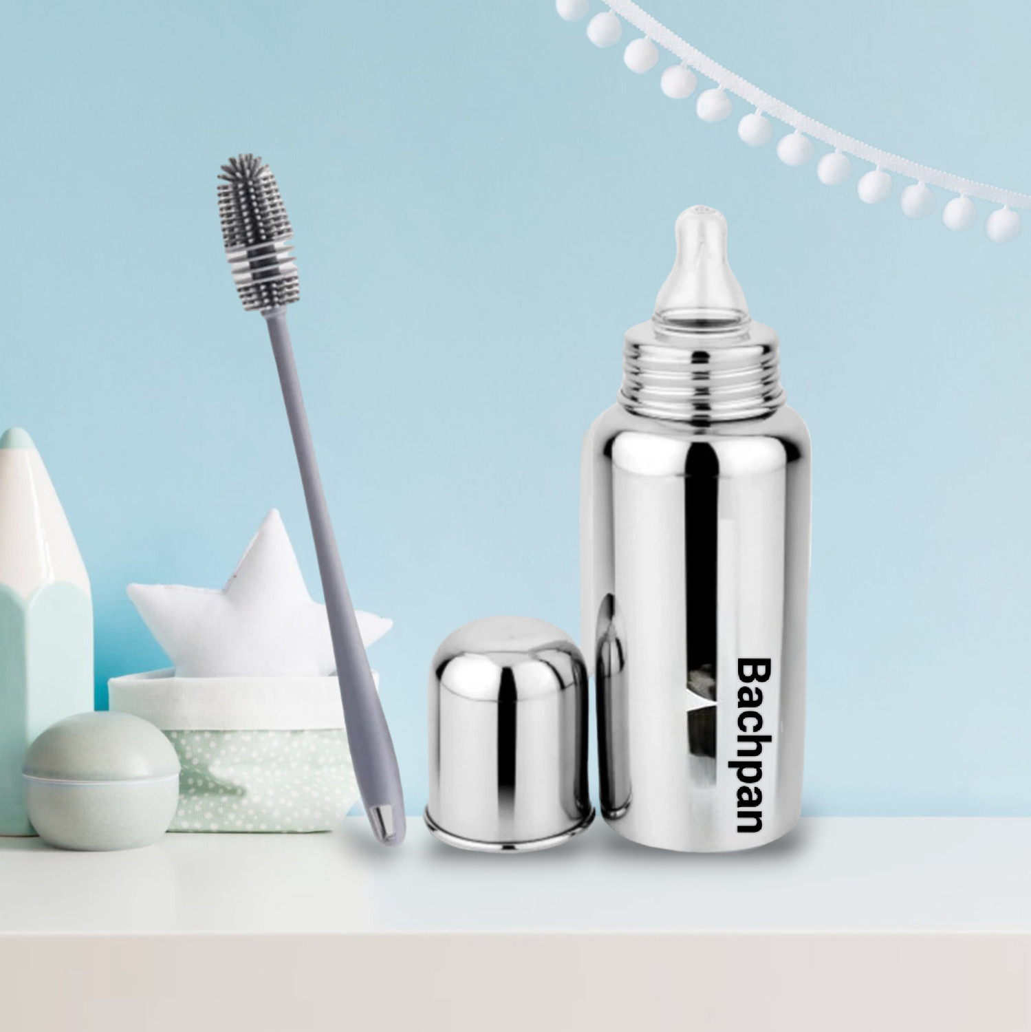 Image of Bachpan 304 grade steel baby milk bottle anti colic design with bottle cleaning brush - 300 ml