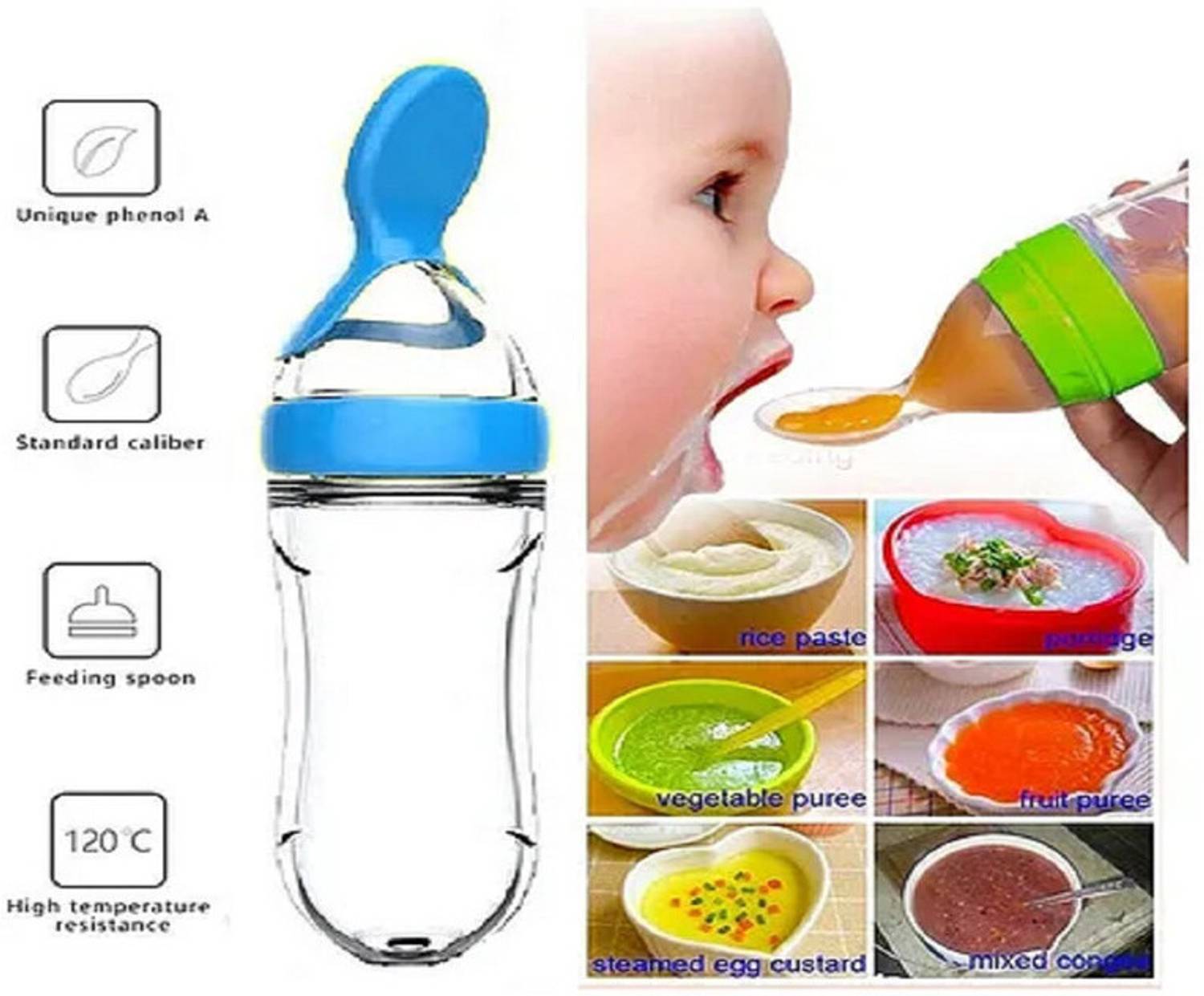 Ambiaim International BABY SQUEEZE FOOD FEEDER BOTTLE WITH DISPENSING SPOON BPA FREE SILICONE - 90 ml