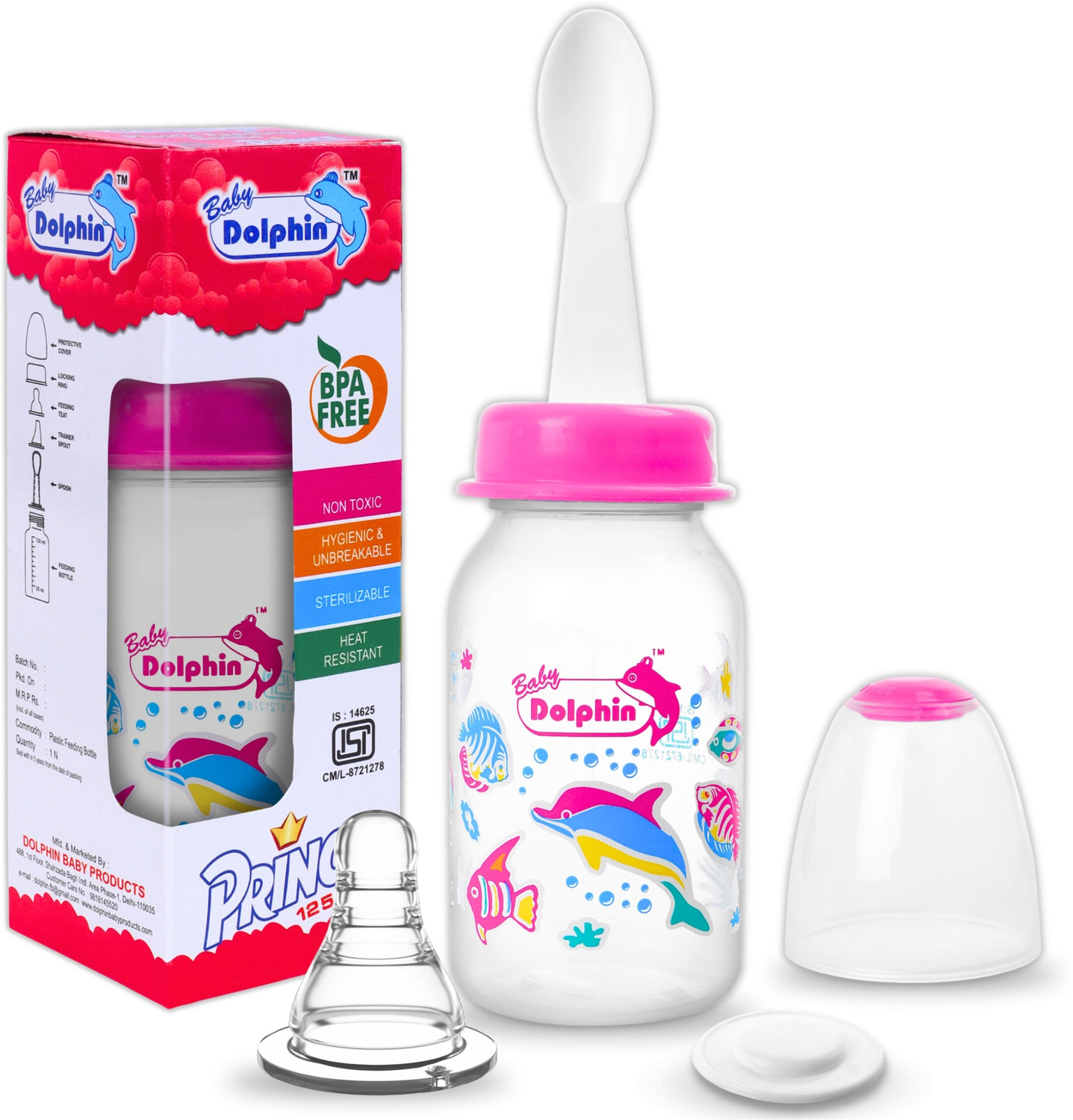 Image of Baby Dolphin Prince 2 in 1 Baby Feeding Bottle with Spoon |Anti-Colic| BPA Free, 3m+, Fish - 125 ml