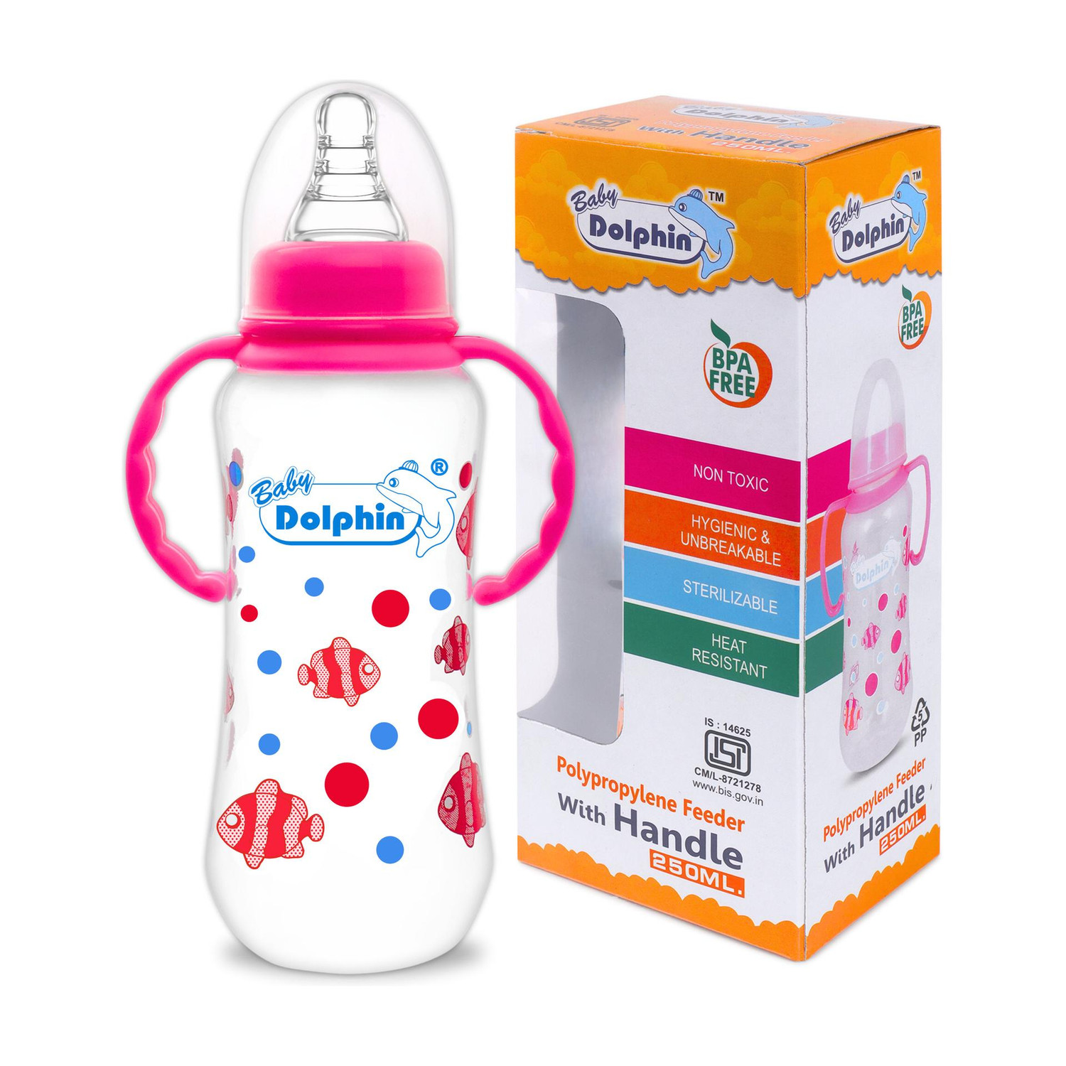 Image of Baby Dolphin Anti-Colic Slim Neck Baby Feeding Bottle with Handle | BPA Free | 3m+, Fish - 250 ml