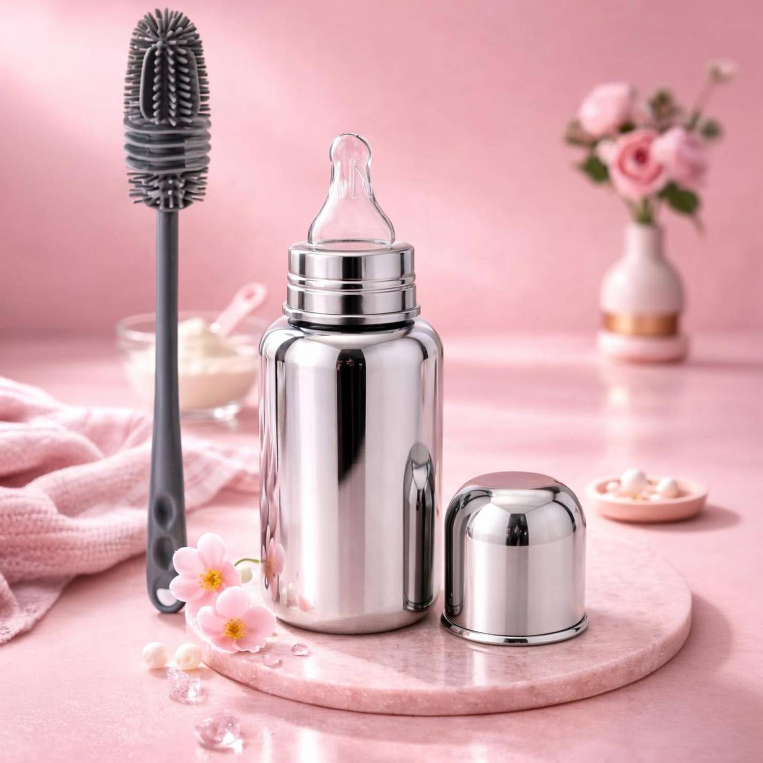 AEREX Baby Steel Feeding Bottle with Bottle Cleaning Brush for Kids - 180 ml