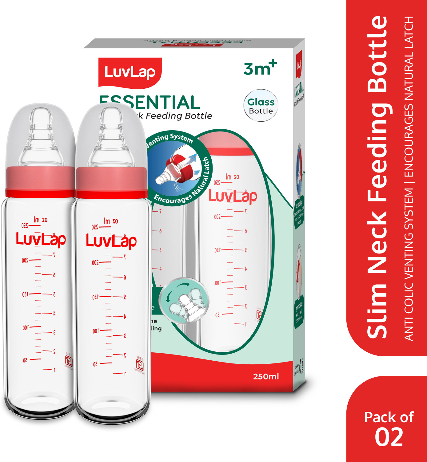 Image of LuvLap Essential Slim Neck Glass Feeding Bottle, Newborns & Toddlers BPA Free Pack of 2 - 250 ml