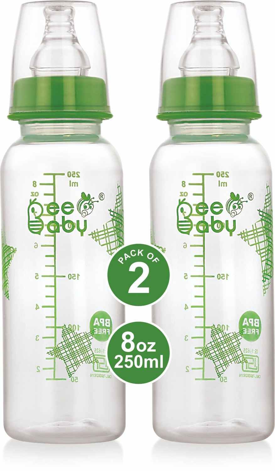 Image of Beebaby Basic Slim Neck Baby Feeding Bottle with Anti-Colic Nipple, BPA FREE, 8M+ -Green - 250 ml