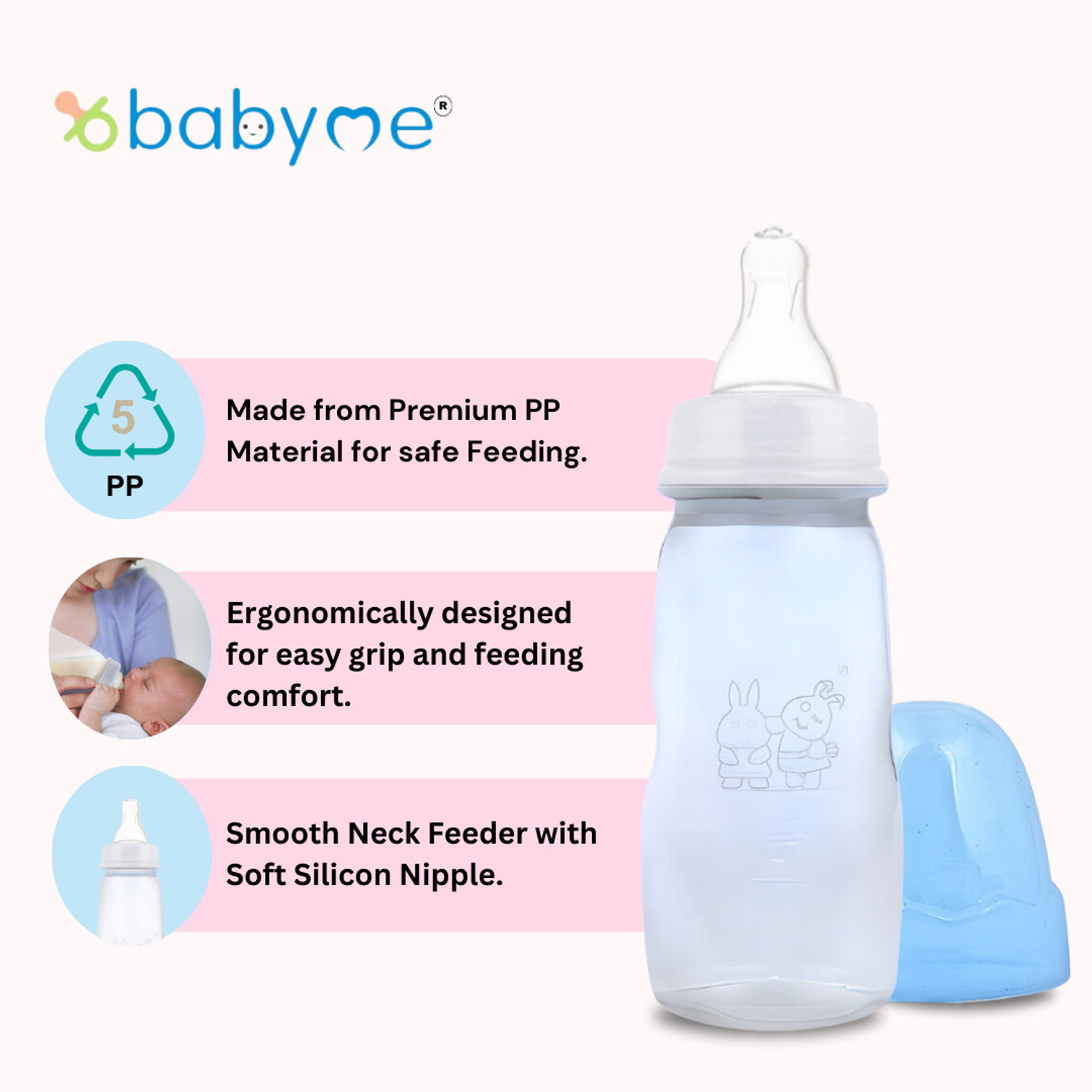 Image of Babyme Smooth Neck BPA free Feeding Bottle With Silicon Nipple for Baby /Infant /Toddler - 150 ml