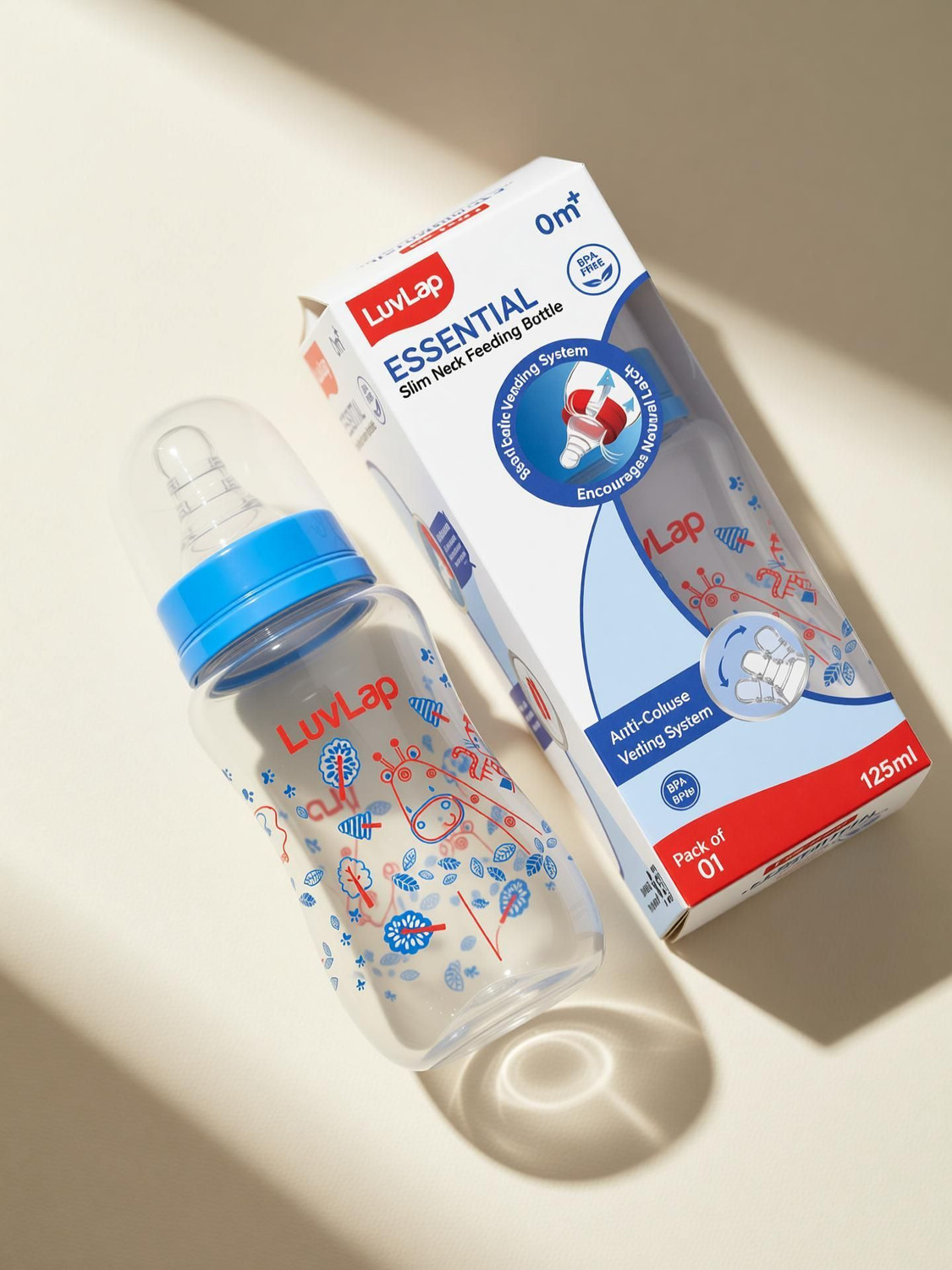Image of LuvLap Anti-Colic Slim Neck Essential Baby Feeding Bottle, Wild Flower Design, BPA Free - 125 ml