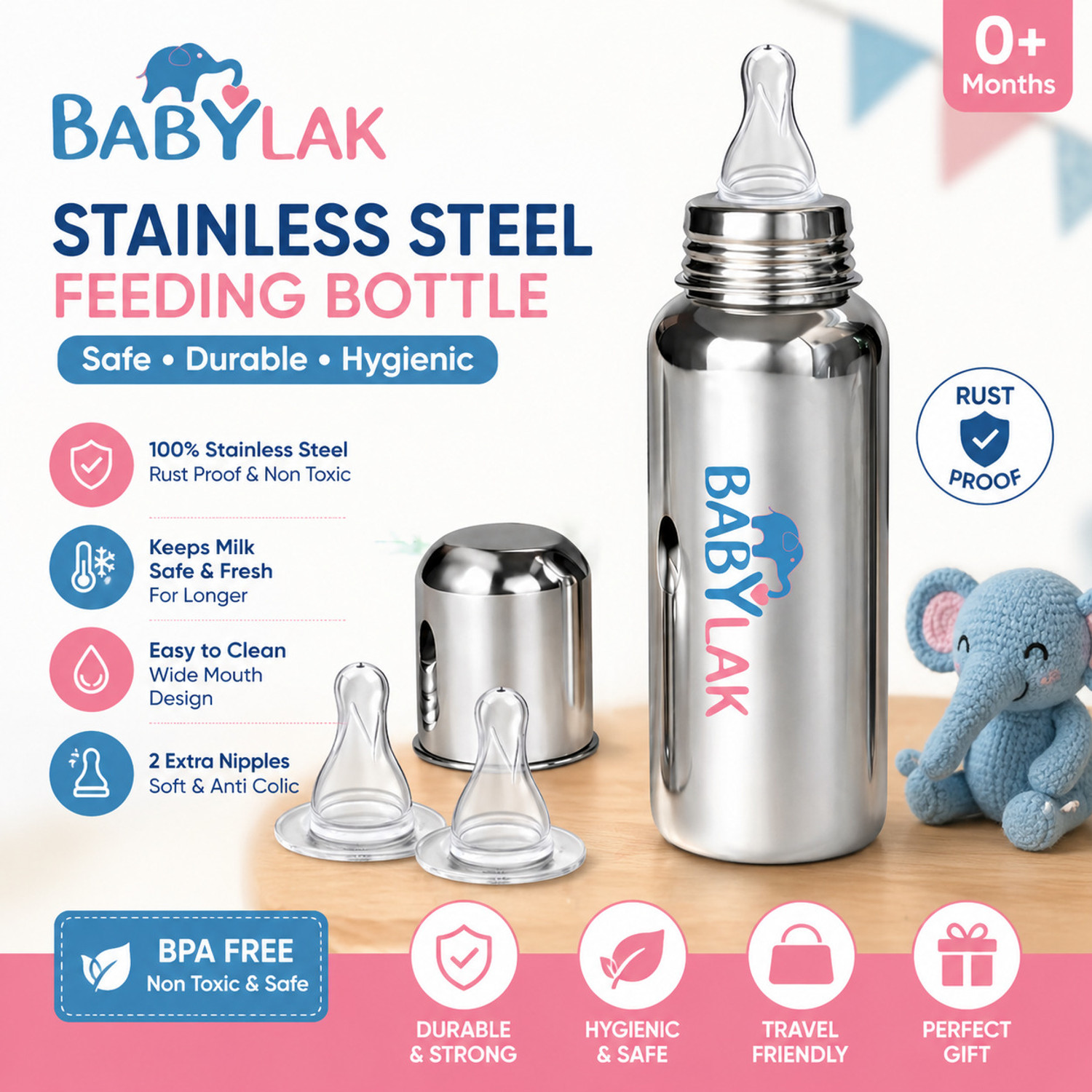 Image of babylak Baby Feeding Bottle With Silicone Nipple Steel Bottle For Kids - 200 ml