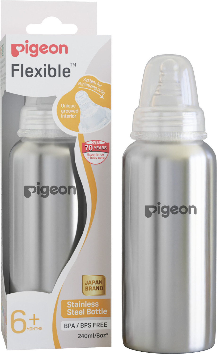 Image of Pigeon Slim Neck Steel baby feeding bottle Y size with plastic hood & cap (natural) - 240 ml