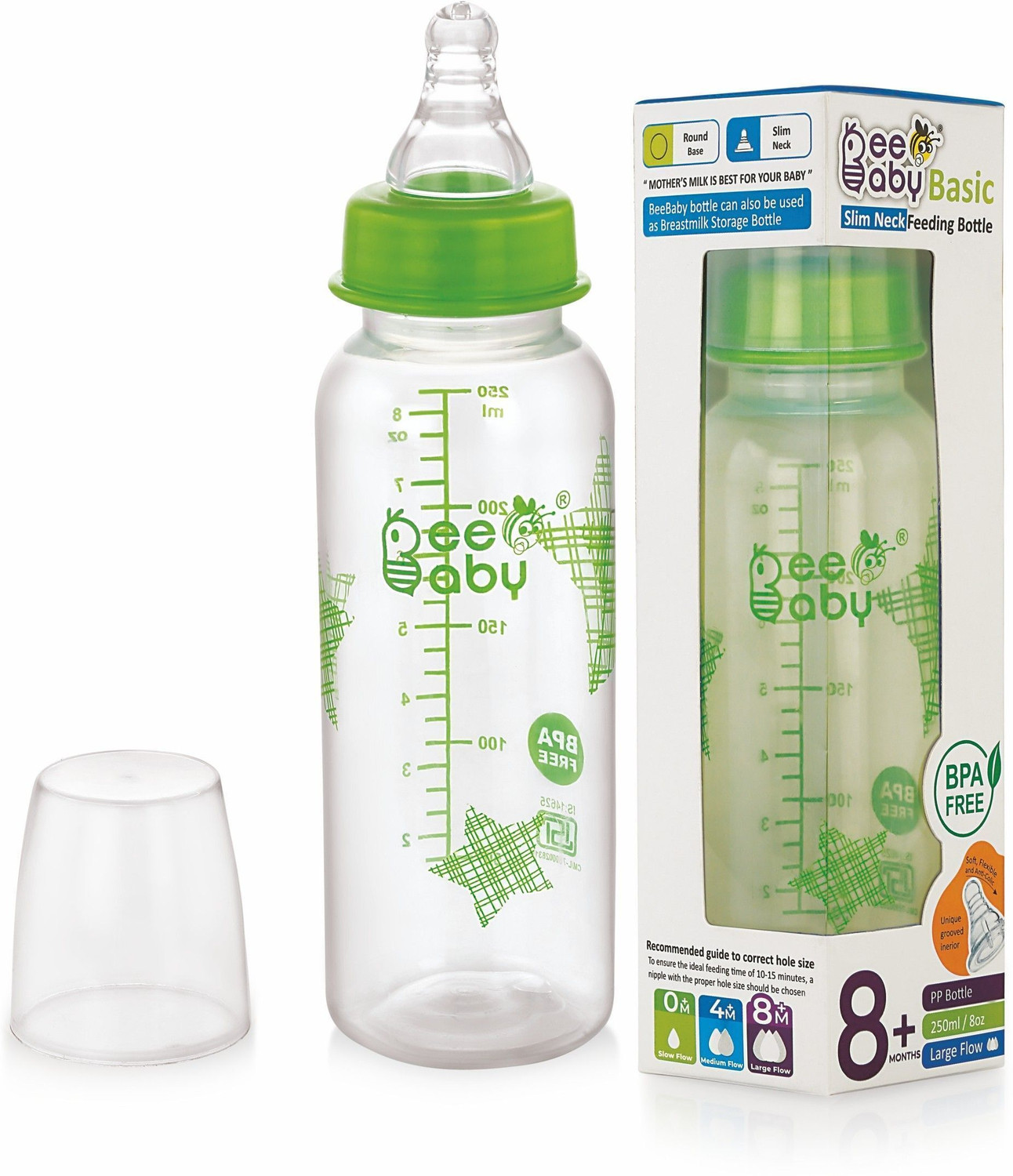 Image of Beebaby Basic Slim Neck Baby Feeding Bottle with Anti-Colic Nipple, BPA FREE, 8M+ -Green - 250 ml