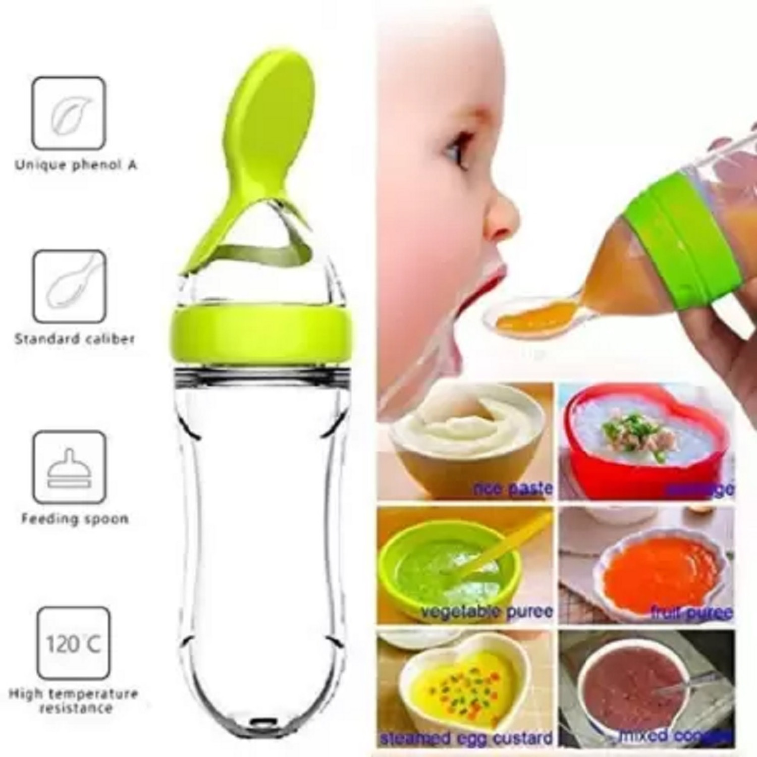 Image of Ambiaim International BABY SQUEEZE FOOD FEEDING BOTTLE WITH DISPENSING SPOON BPA FREE SILICONE - 90 ml