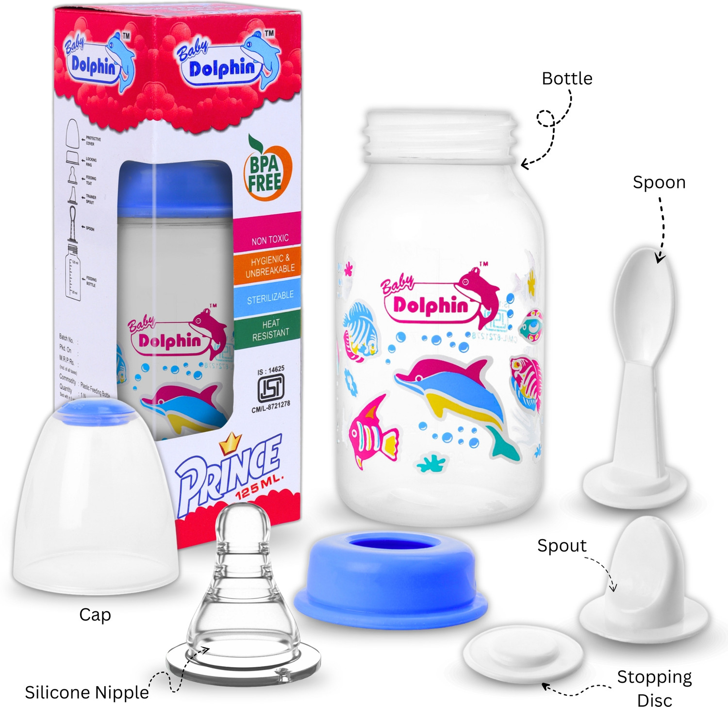 Image of Baby Dolphin Prince 2 in 1 Baby Feeding Bottle with Spoon |Anti-Colic| BPA Free, 3m+, Fish - 125 ml
