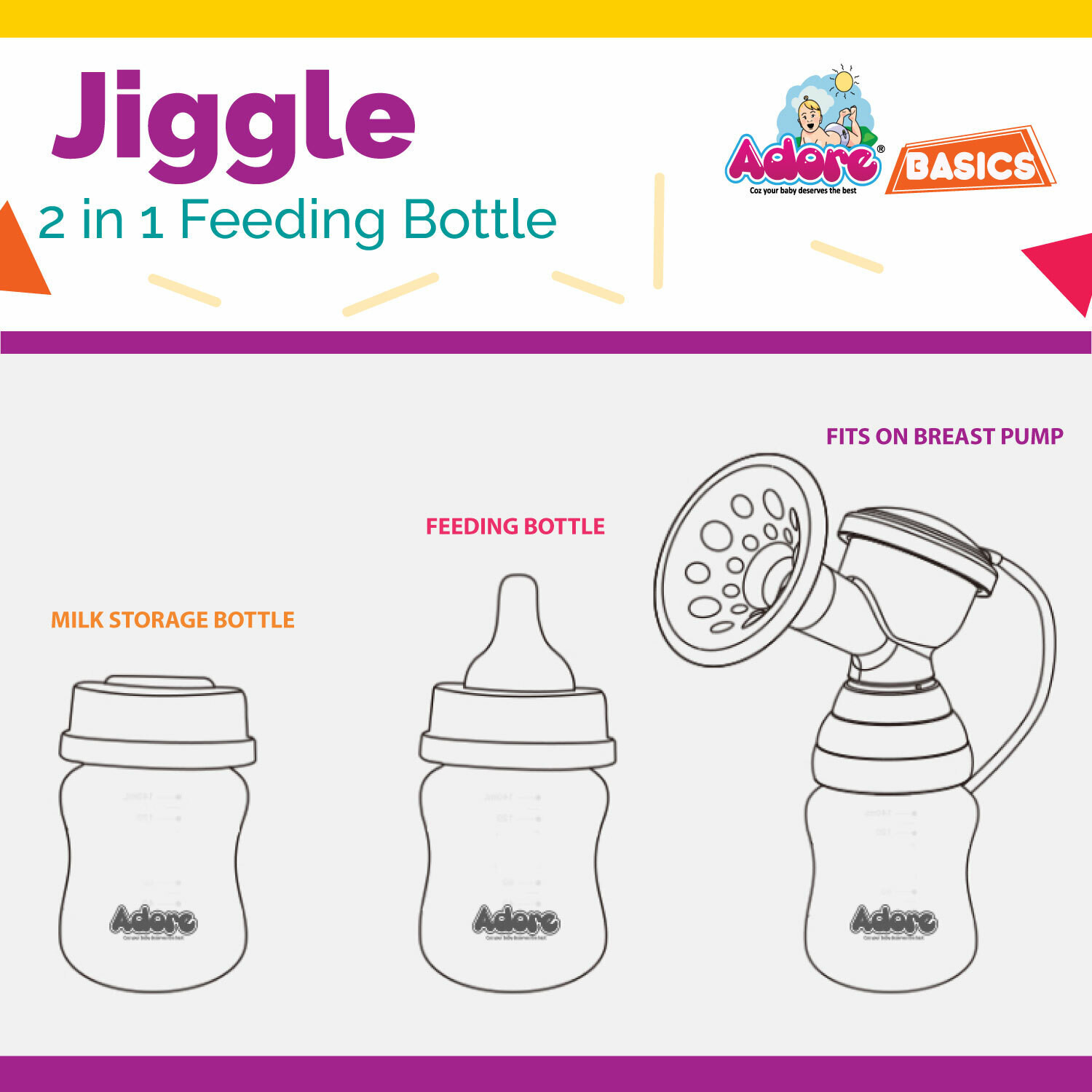 Image of Adore Basics Jiggle 2 in 1 Baby Feeding Bottle- Wide neck - BPA Free - Anti-colic - 150 ml