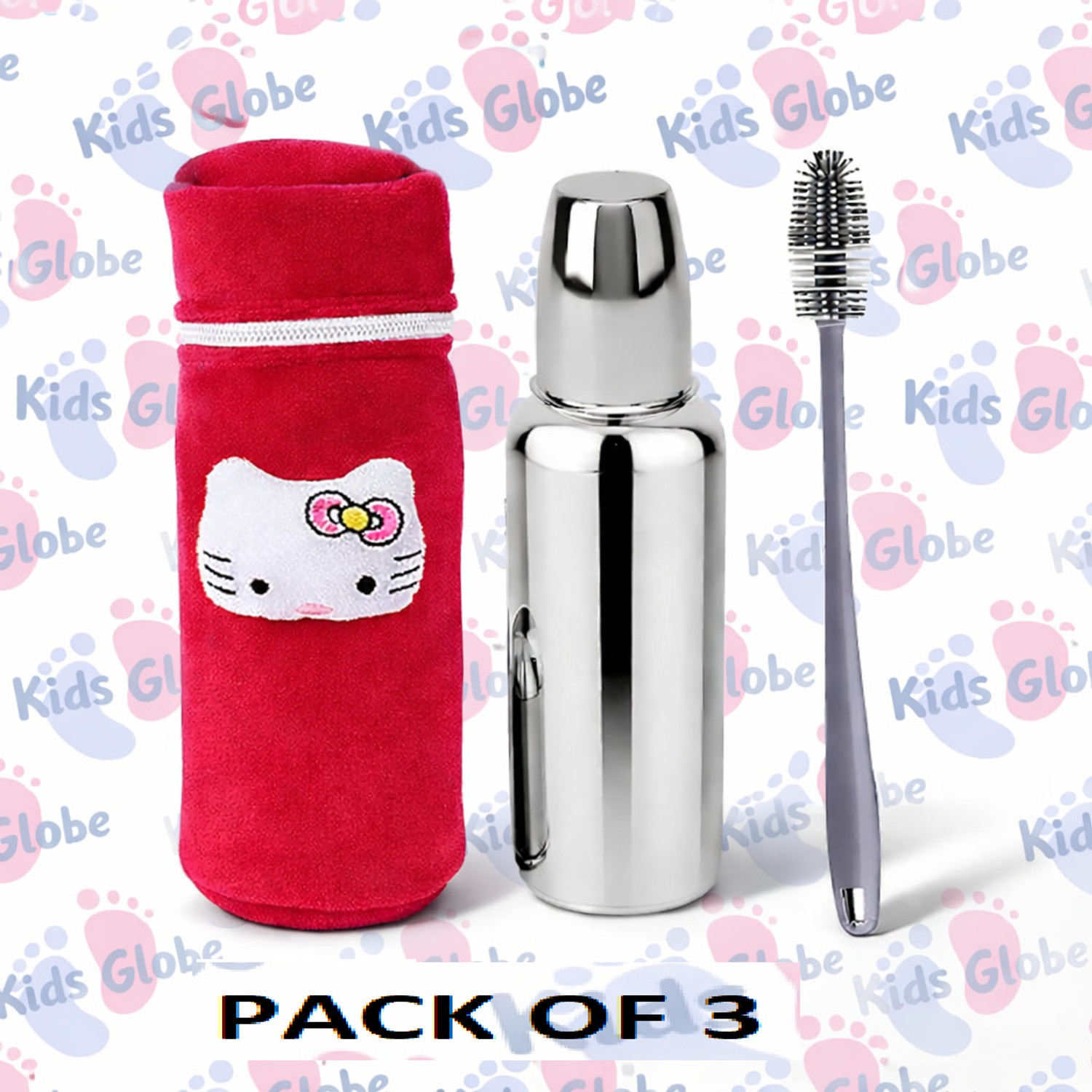 Image of Kids Globe Baby steel feeding bottle 250 ml with bottle cover and bottle cleaning brush - 250 ml