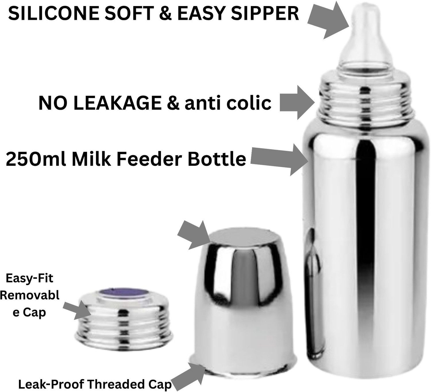 Image of FRAIVIKO Baby Feeding Bottle with Stainless Steel & Silicone Nipple - 250 ml
