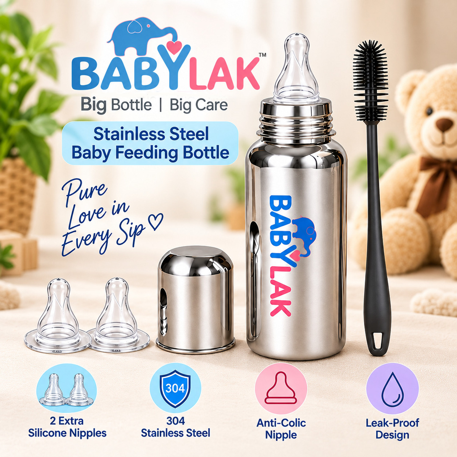Image of babylak Steel Baby Feeding Bottle with Cleaning Brush & 2 Extra Silicone Nipples - 250 ml