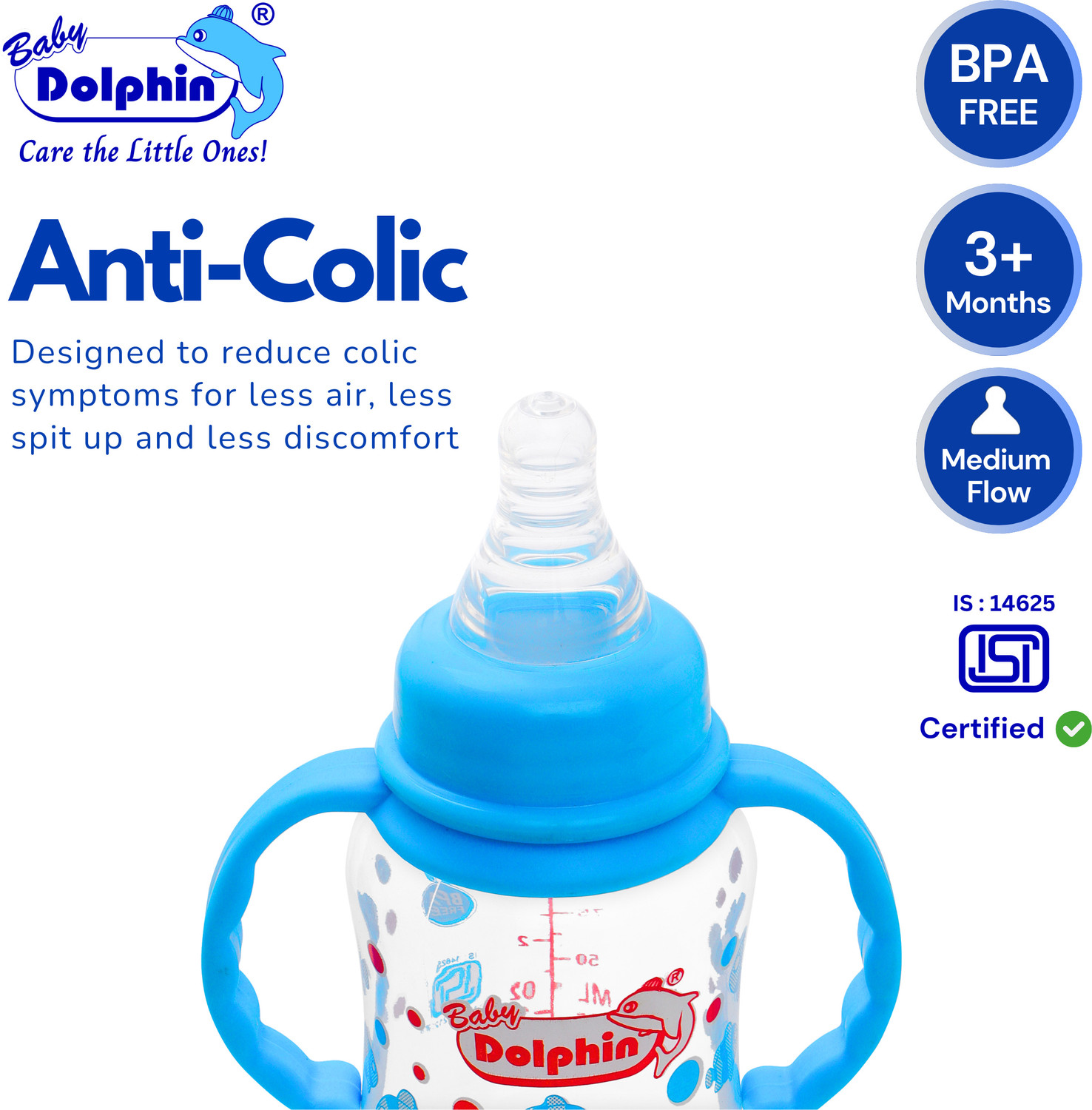Image of Baby Dolphin Anti-Colic Slim Neck Baby Feeding Bottle with Handle |BPA Free |Milk Bottle |3m+ - 125 ml