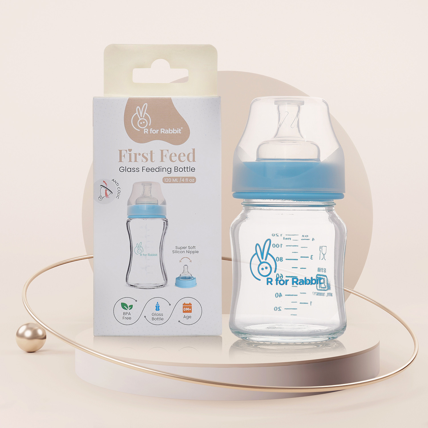 Image of R for Rabbit Anti Colic Glass Baby Feeding Bottle| Wide Neck Soft Silicone Nipple| 0+ Months| - 120 ml