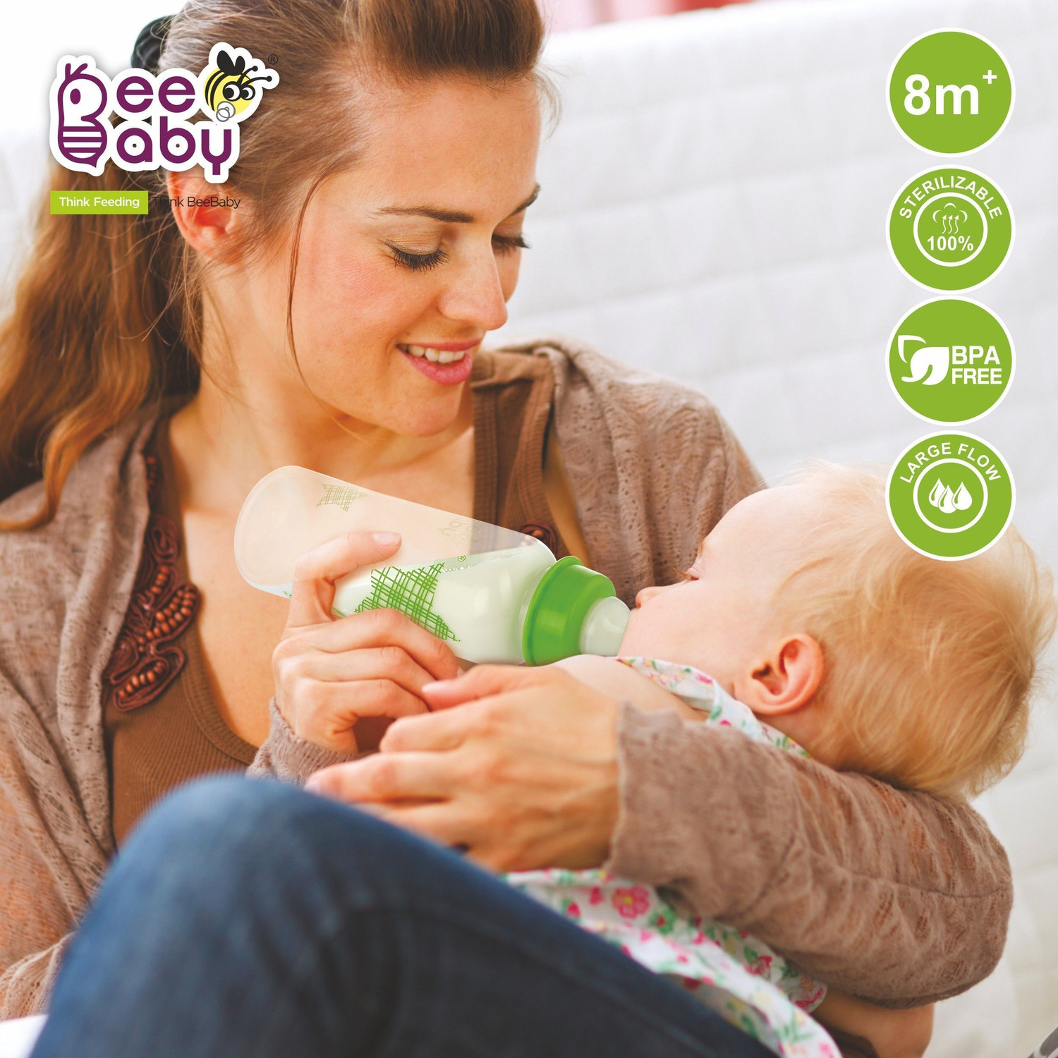 Image of Beebaby Basic Slim Neck Baby Feeding Bottle with Anti-Colic Nipple, BPA FREE, 8M+ -Green - 250 ml
