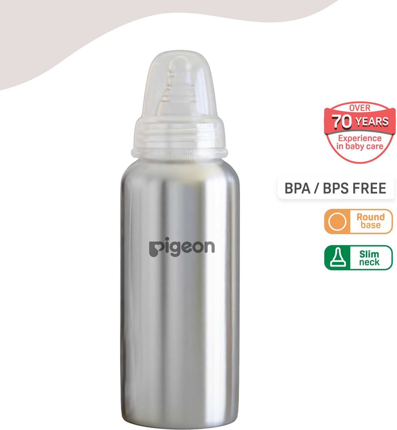 Image of Pigeon Slim Neck Steel baby feeding bottle Y size with plastic hood & cap (natural) - 240 ml