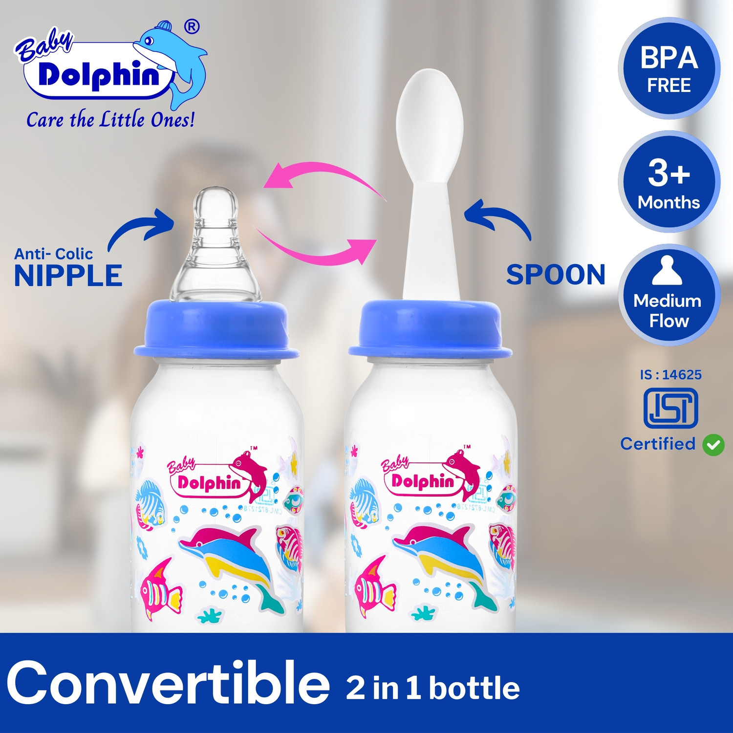 Image of Baby Dolphin Prince 2 in 1 Baby Feeding Bottle with Spoon |Anti-Colic| BPA Free, 3m+, Fish - 125 ml