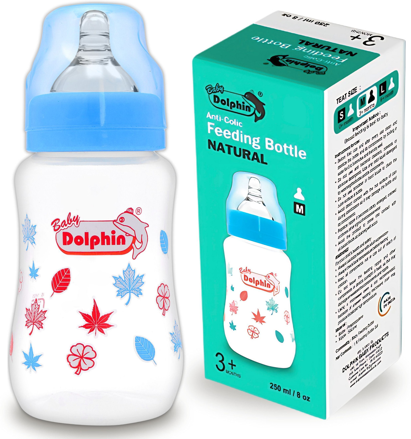 Image of Baby Dolphin Anti-Colic Natural Wide Neck Baby Feeding Bottle | Pack of 1 | BPA Free | Leaf - 250 ml