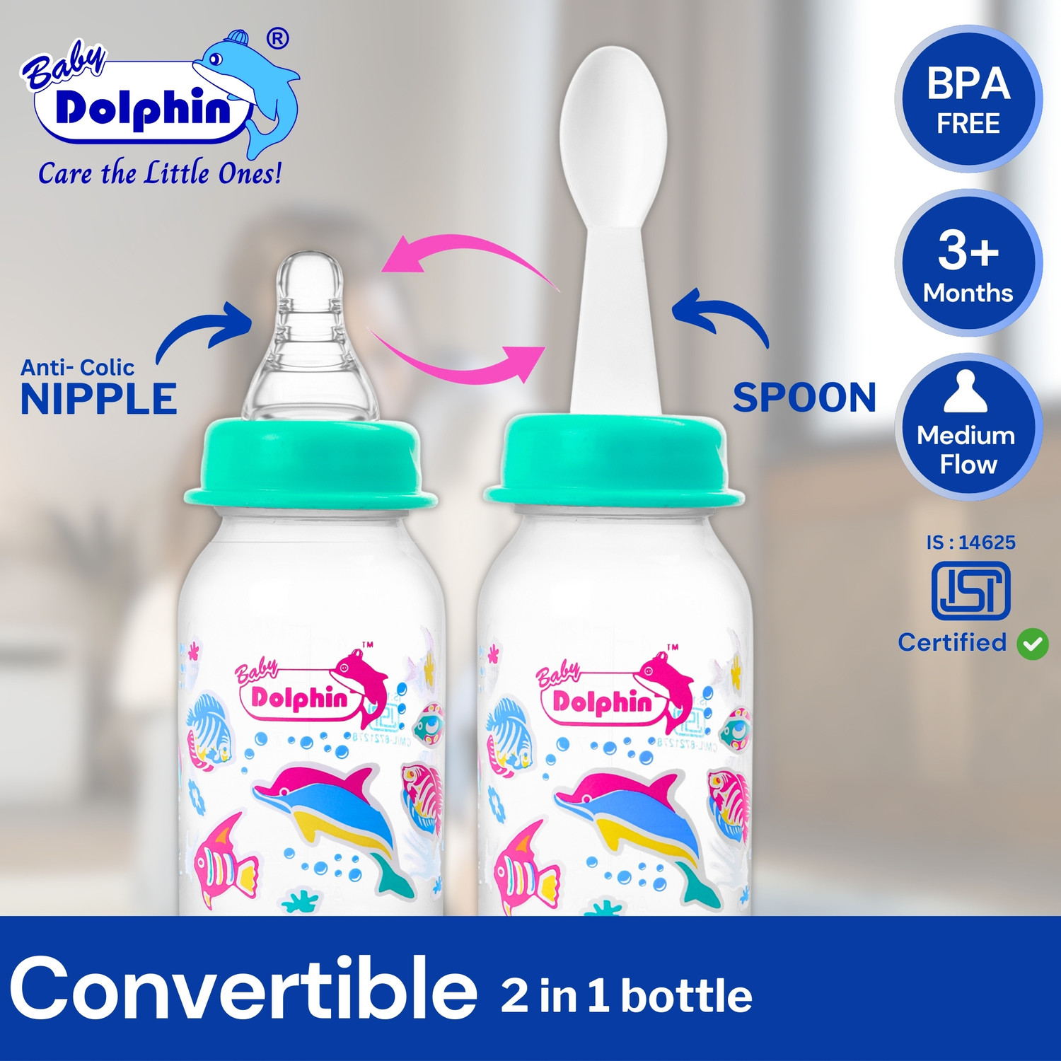 Image of Baby Dolphin Prince 2 in 1 Baby Feeding Bottle with Spoon |Anti-Colic| BPA Free, 3m+, Fish - 125 ml