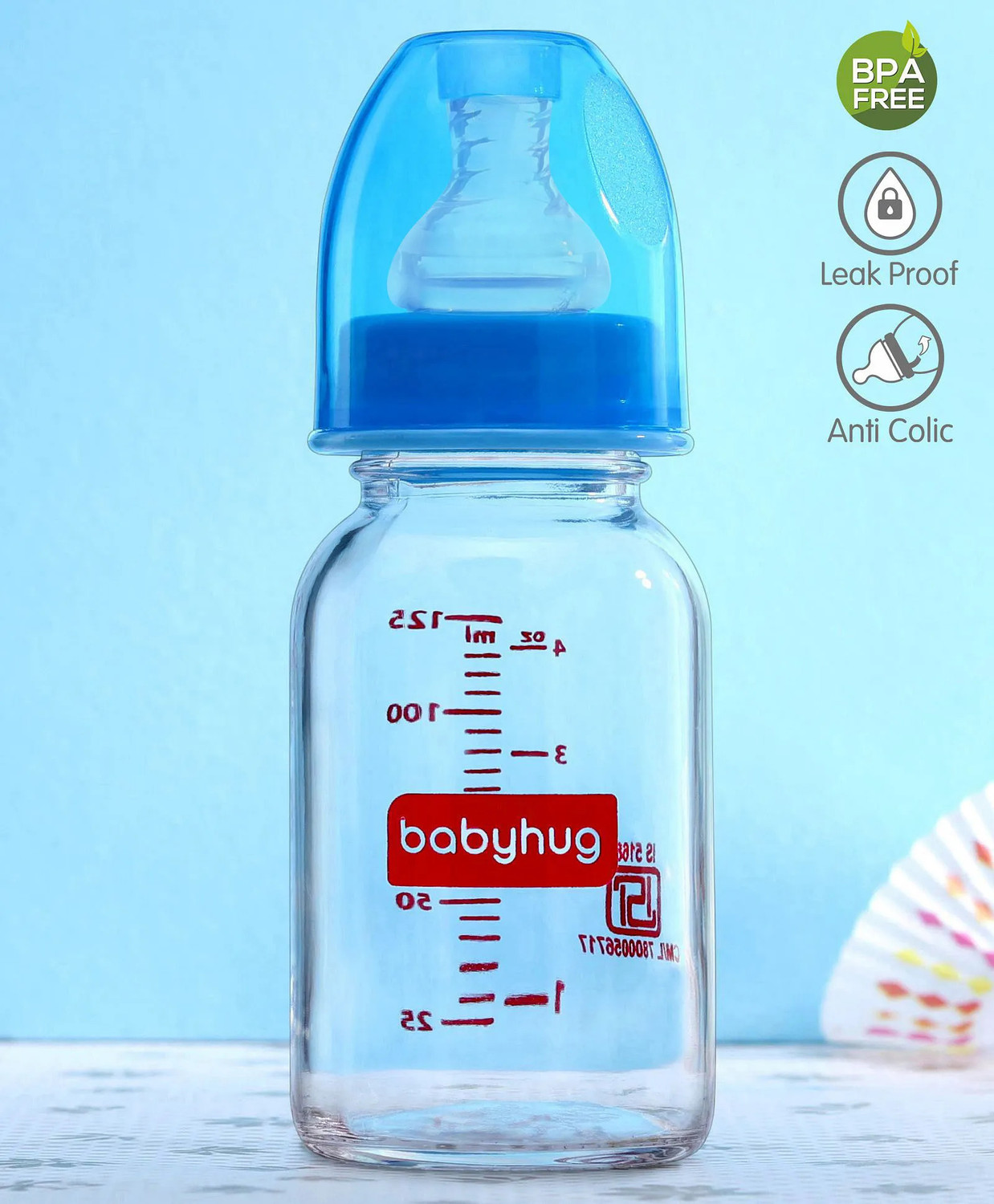 Image of babyhug Glass Baby Feeding Bottle - BPA-Free, Leak-Proof & Safe - 125 ml (Blue)