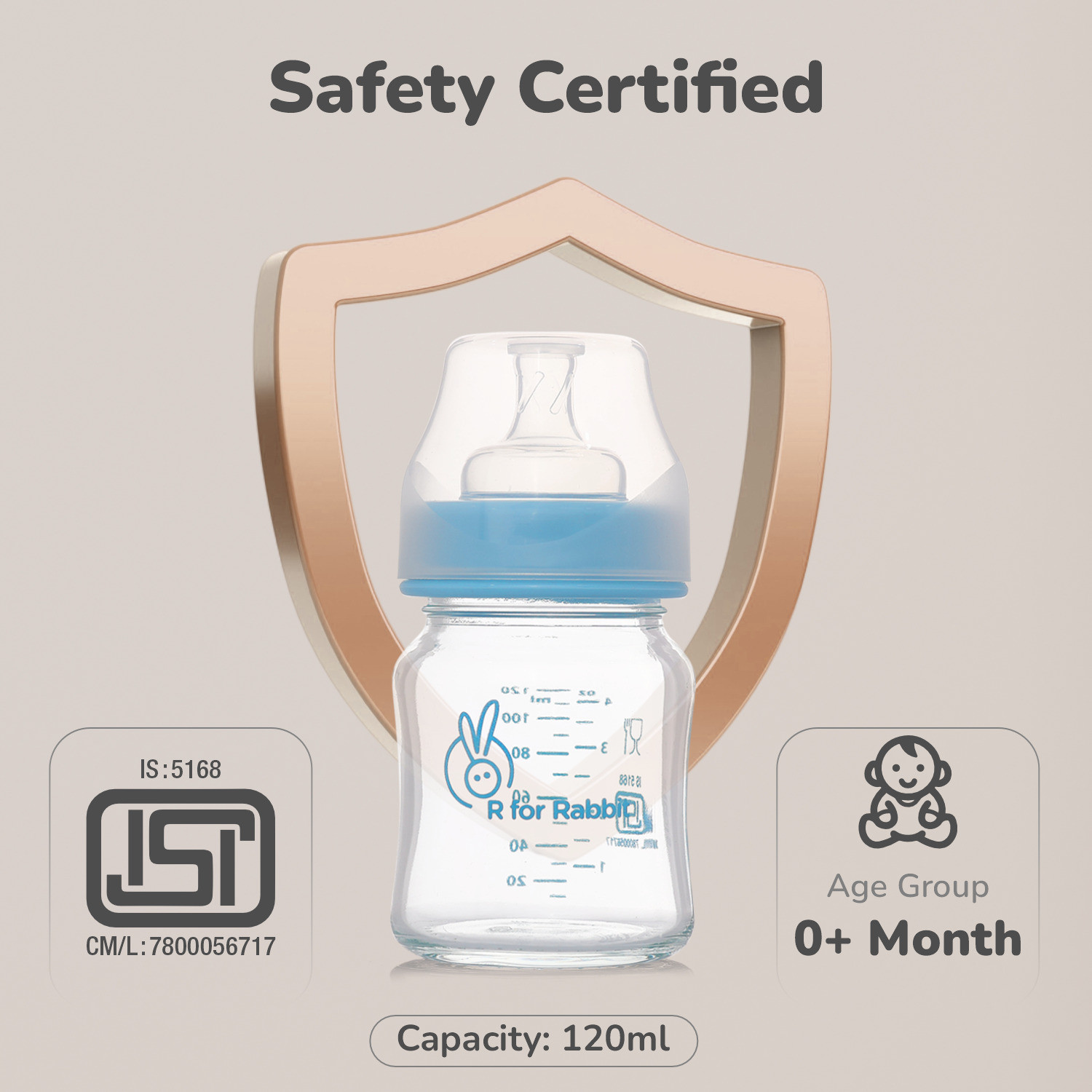 Image of R for Rabbit Anti Colic Glass Baby Feeding Bottle| Wide Neck Soft Silicone Nipple| 0+ Months| - 120 ml