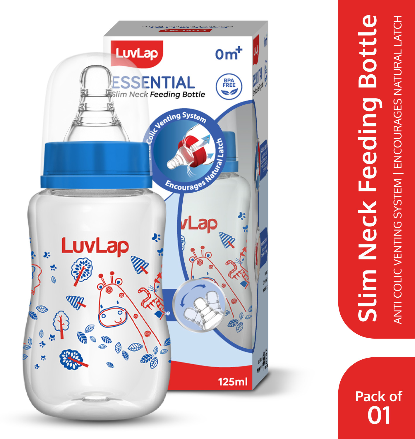 Image of LuvLap Anti-Colic Slim Neck Essential Baby Feeding Bottle, Wild Flower Design, BPA Free - 125 ml