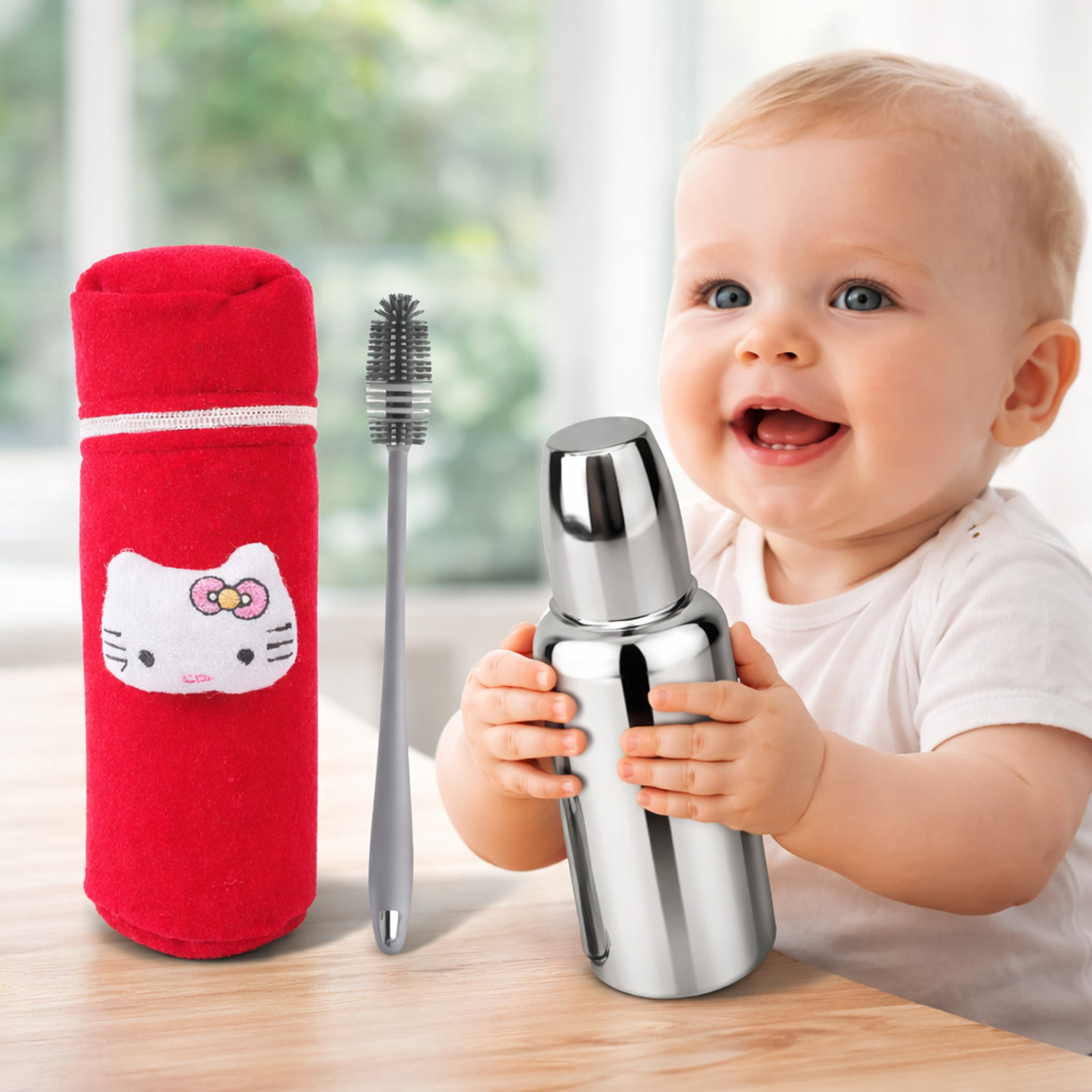 Image of Kids Globe Baby steel feeding bottle 250 ml with bottle cover and bottle cleaning brush - 250 ml
