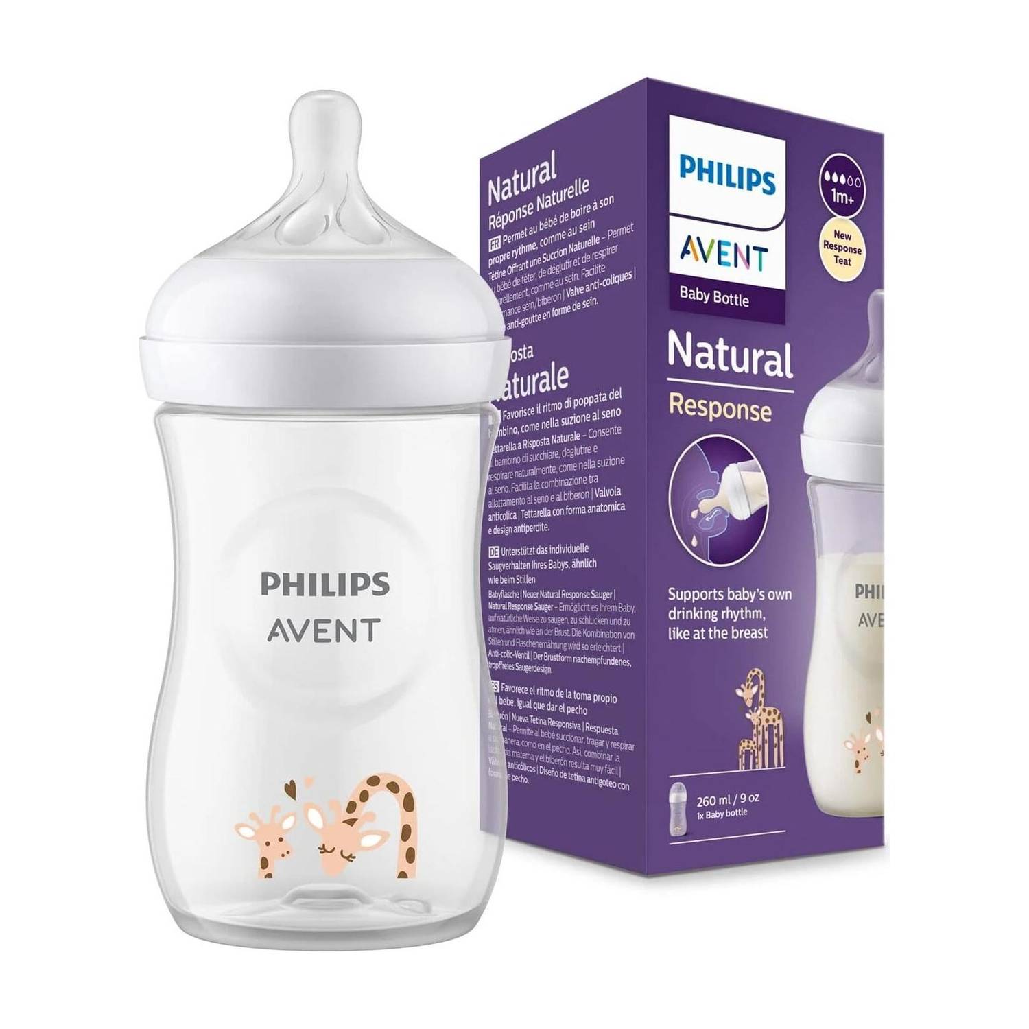 Philips Avent Natural Response Baby Bottle SCY903/66 | 1m+ age | Giraffe | BPA free - 260 ml