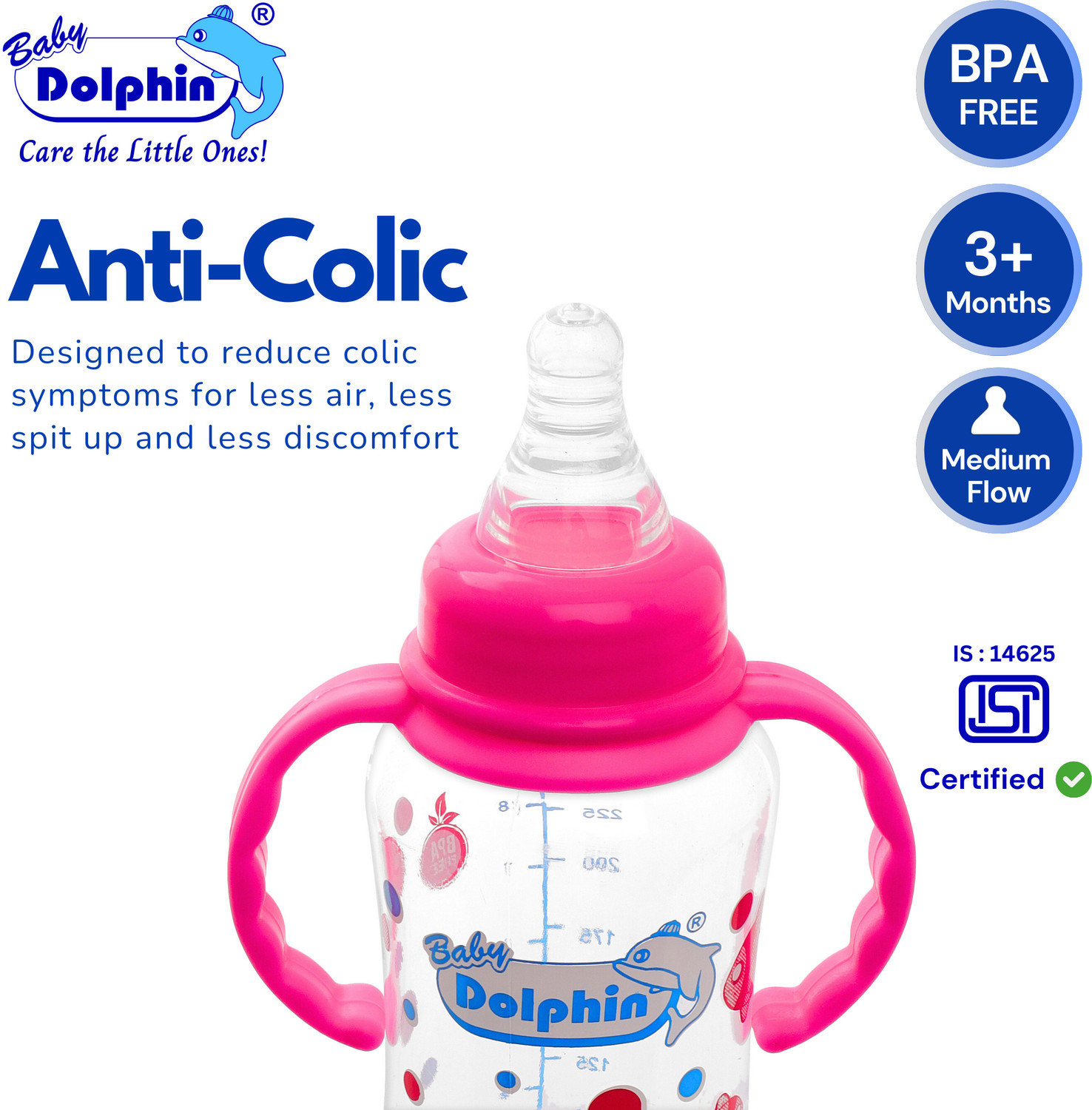 Image of Baby Dolphin Anti-Colic Slim Neck Baby Feeding Bottle with Handle | BPA Free | 3m+, Fish - 250 ml