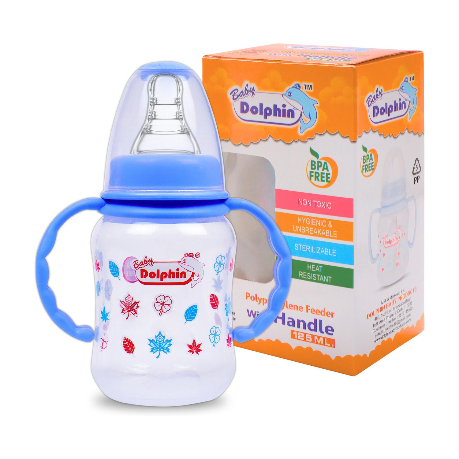 Image of Baby Dolphin Anti-Colic Slim Neck Baby Feeding Bottle with Handle, BPA Free, Milk Bottle, 3m+ - 125 ml