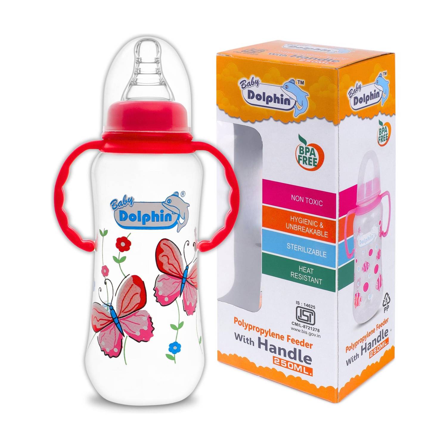 Baby Dolphin Anti-Colic Slim Neck Baby Feeding Bottle with Handle | BPA Free | 3m+, Butterfly - 250 ml