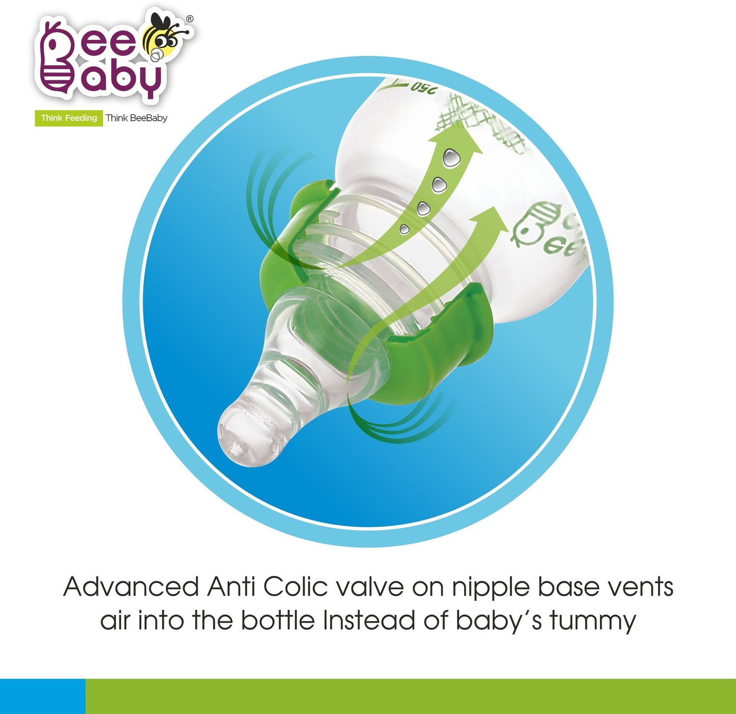 Image of Beebaby Basic Slim Neck Baby Feeding Bottle with Anti-Colic Nipple, BPA FREE, 8M+ -Green - 250 ml