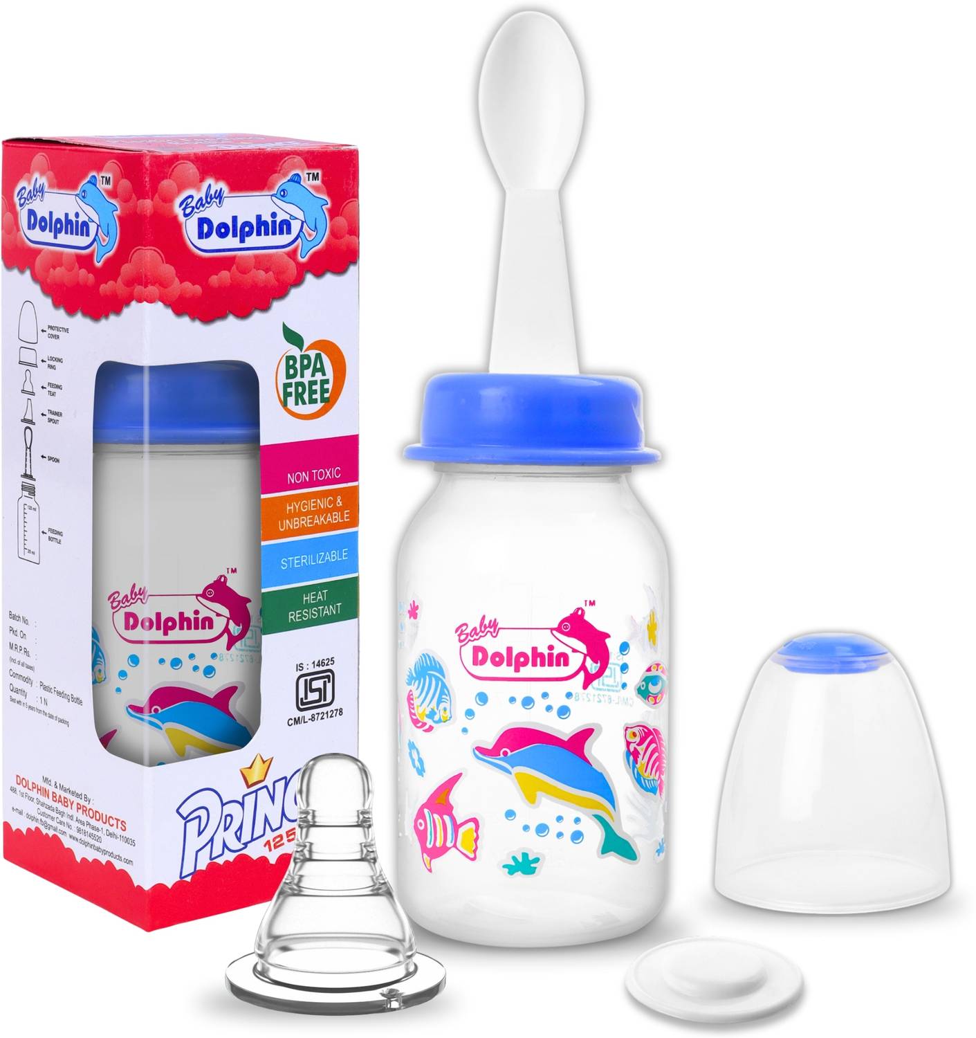 Baby Dolphin Prince 2 in 1 Baby Feeding Bottle with Spoon |Anti-Colic| BPA Free, 3m+, Fish - 125 ml