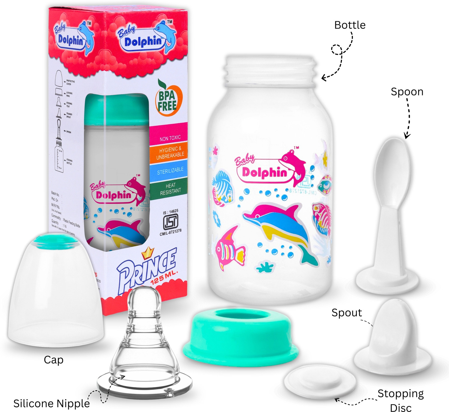 Image of Baby Dolphin Prince 2 in 1 Baby Feeding Bottle with Spoon |Anti-Colic| BPA Free, 3m+, Fish - 125 ml