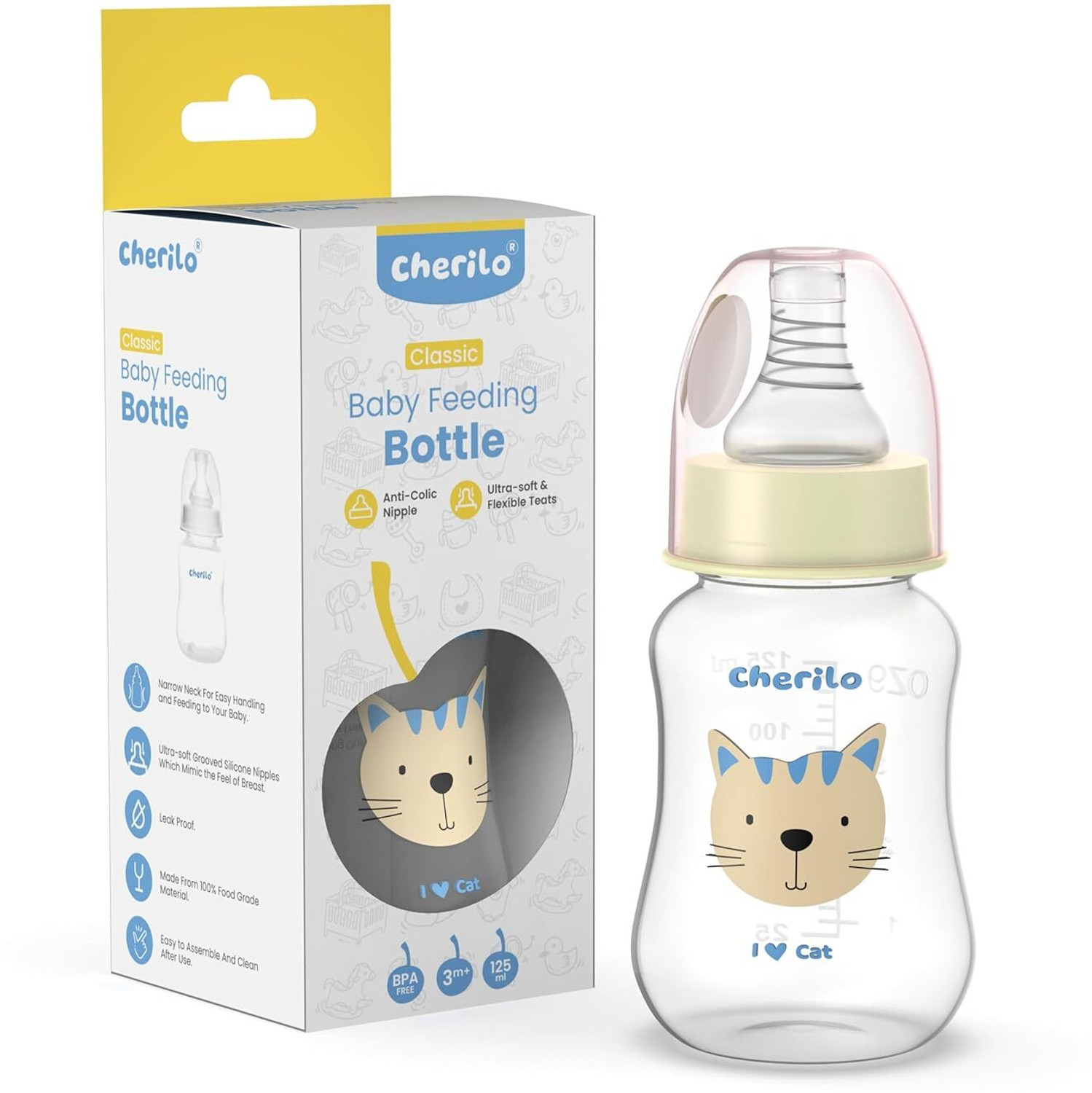 Image of Cherilo Anti-Colic Slim, Classic Baby Feeding Bottle, Upto 3 Years, Lovely Cat Style - 125 ml