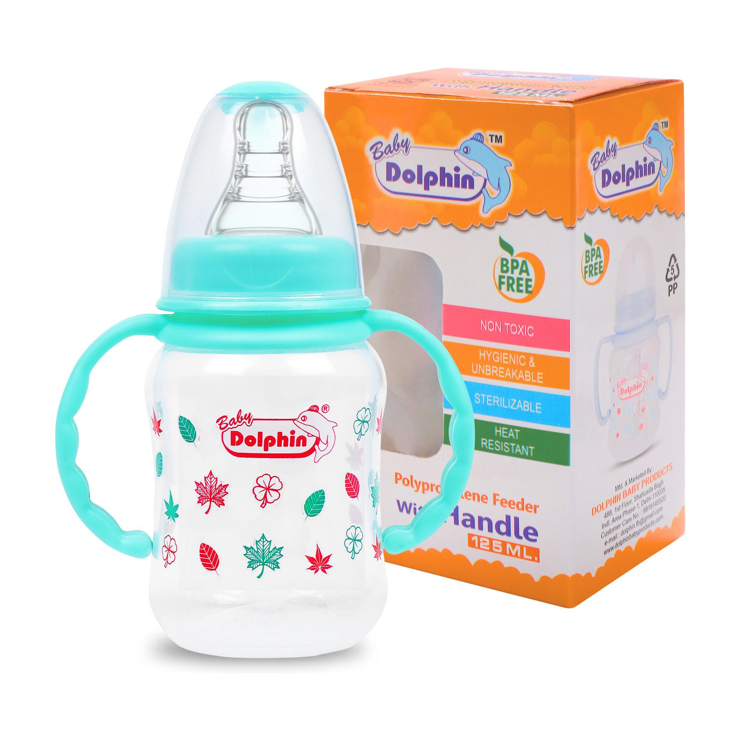 Image of Baby Dolphin Anti-Colic Slim Neck Baby Feeding Bottle with Handle, BPA Free, Milk Bottle, 3m+ - 125 ml