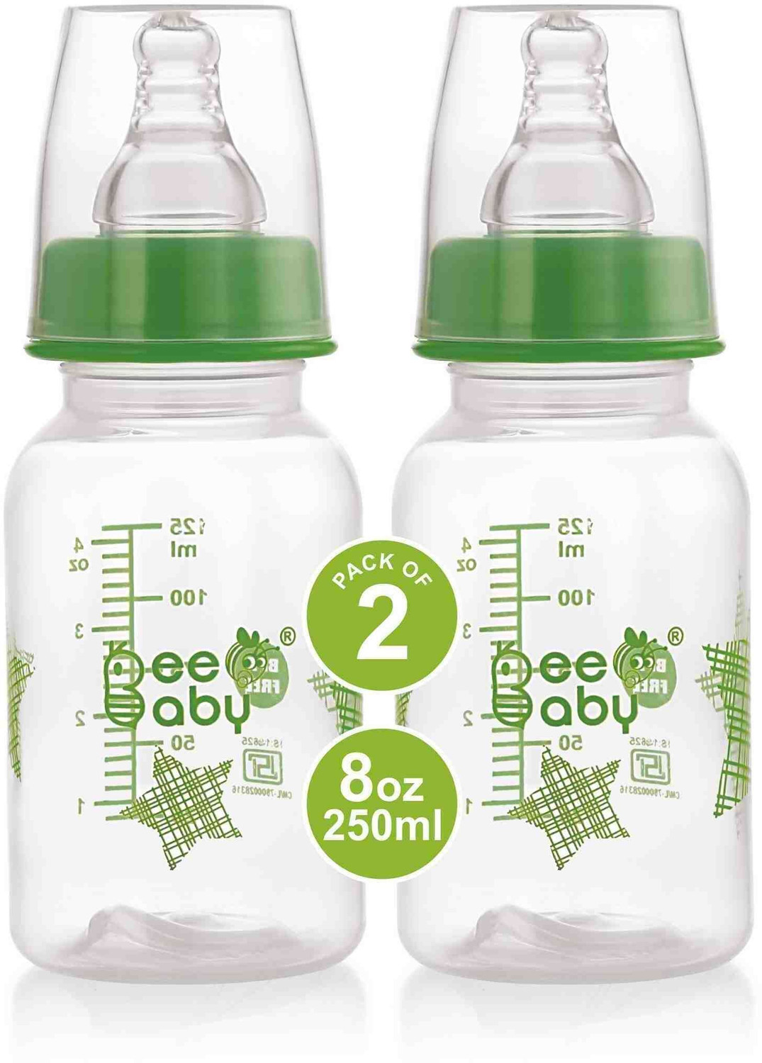 Image of Beebaby Basic Slim Neck Baby Feeding Bottle with Anti-Colic Nipple, BPA FREE, 4M+, Green - 125 ml