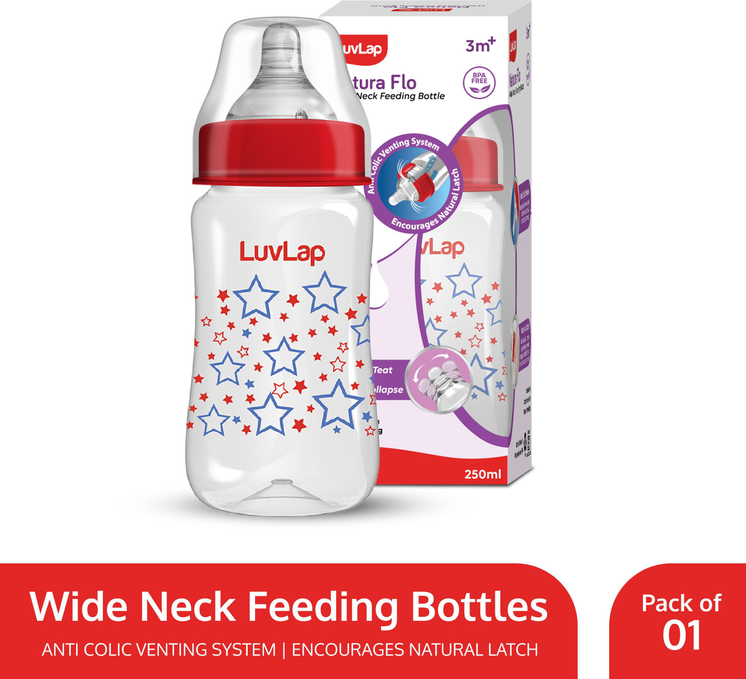 Image of LuvLap Anti-Colic Wide Neck Natural Flow Baby Feeding Bottle, Stars Design, BPA Free - 250 ml