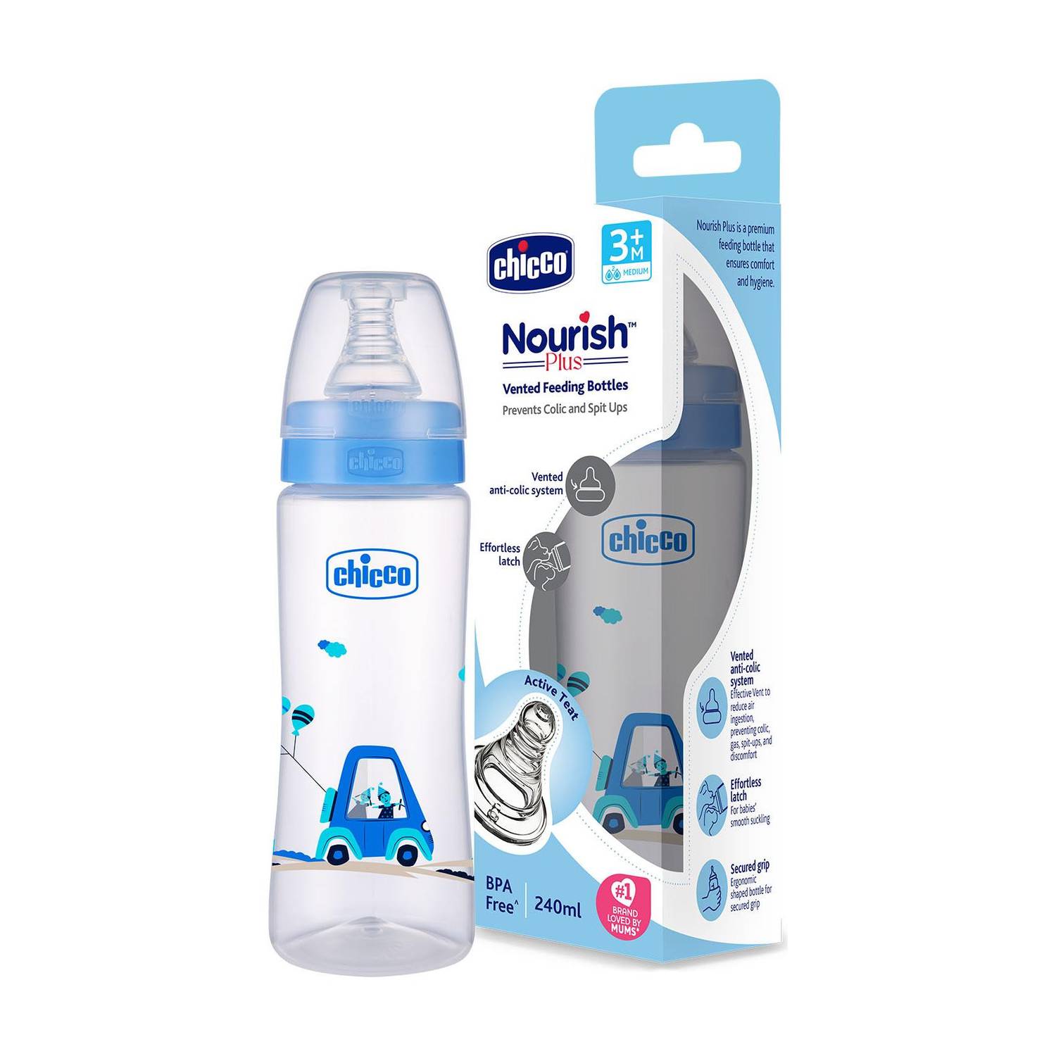 Chicco Nourish Plus Feeding Bottle 240ml Medium Flow 3M+ - 240 ml