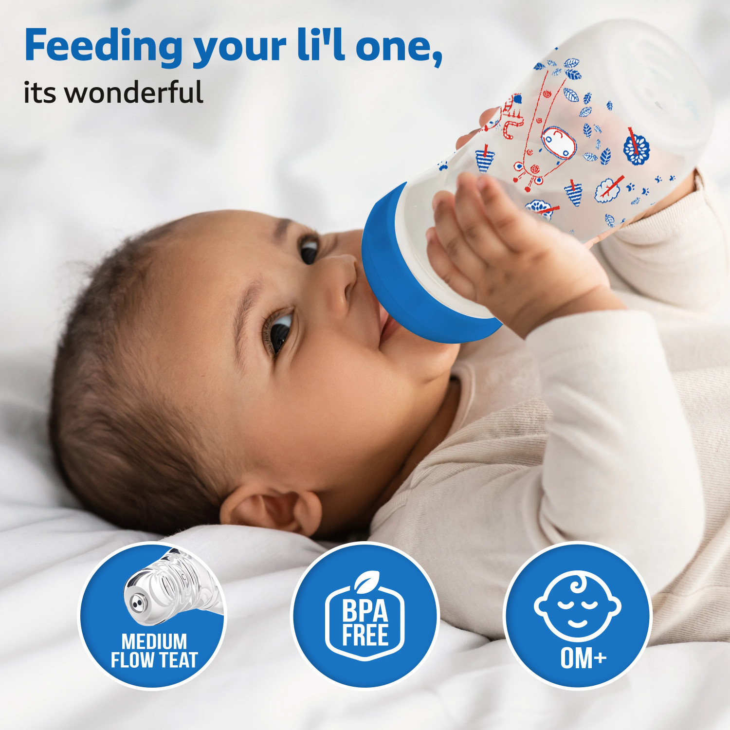Image of LuvLap Anti-Colic Slim Neck Essential Baby Feeding Bottle, Wild Flower Design, BPA Free - 125 ml