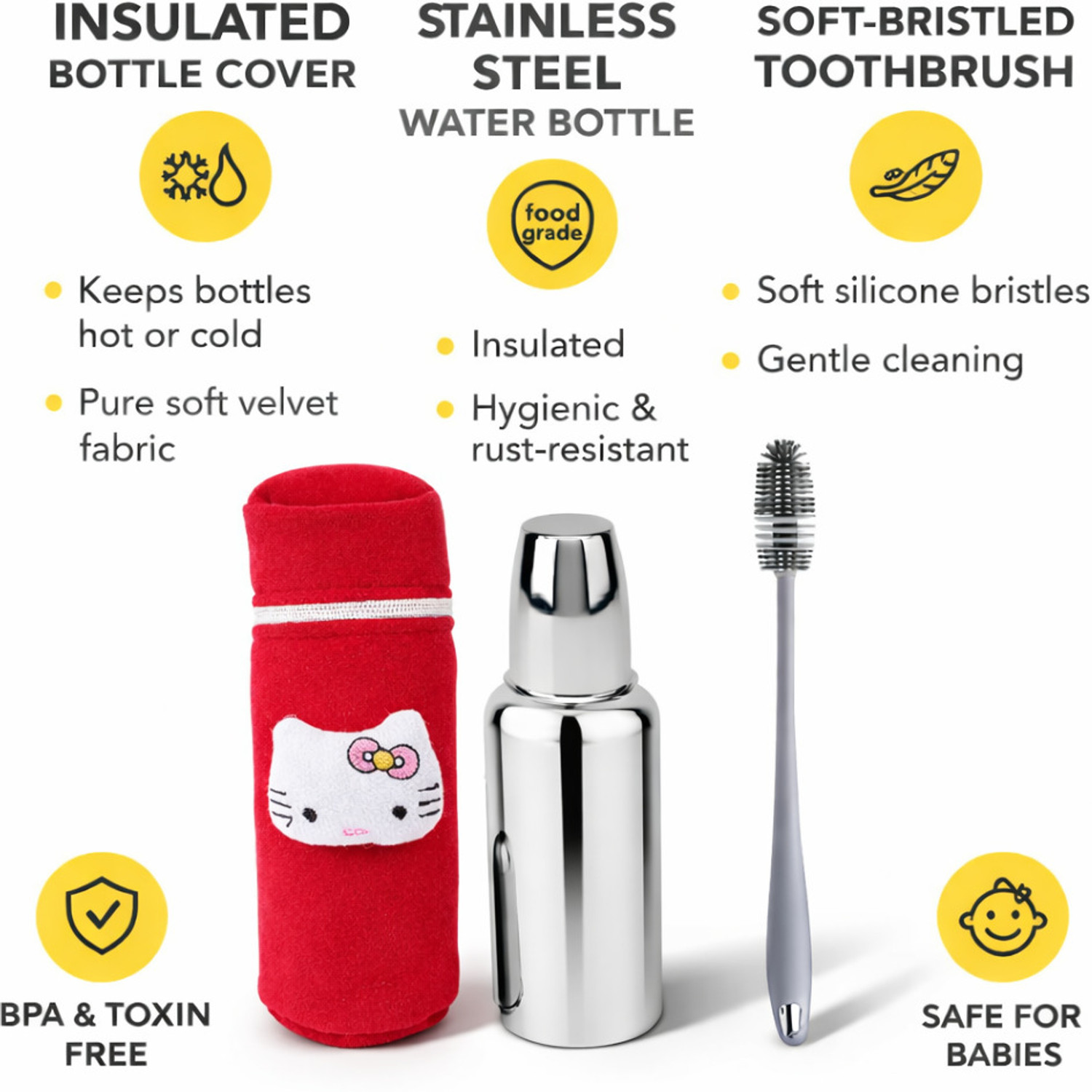 Image of Kids Globe Baby steel feeding bottle 250 ml with bottle cover and bottle cleaning brush - 250 ml