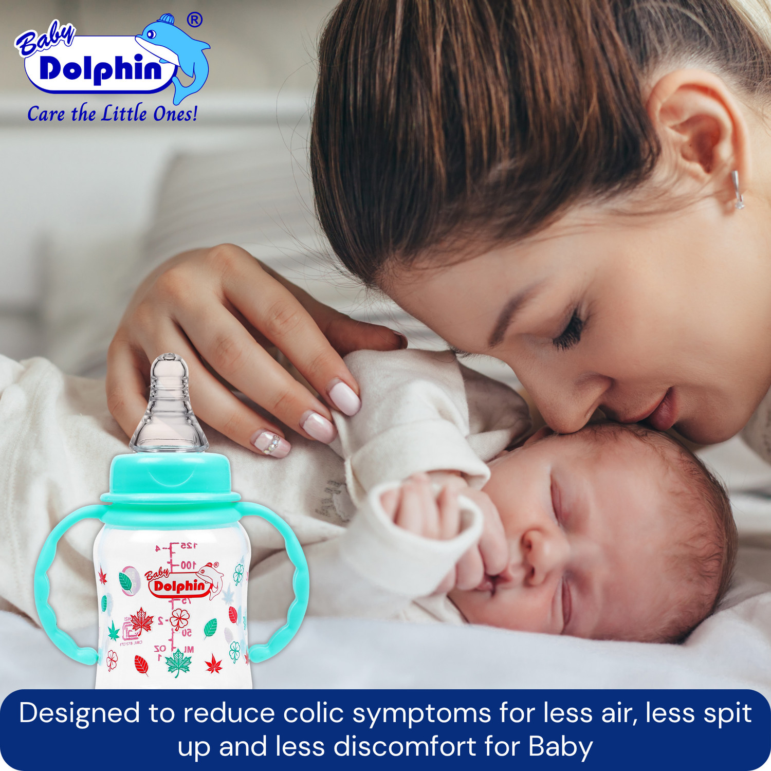 Image of Baby Dolphin Anti-Colic Slim Neck Baby Feeding Bottle with Handle, BPA Free, Milk Bottle, 3m+ - 125 ml
