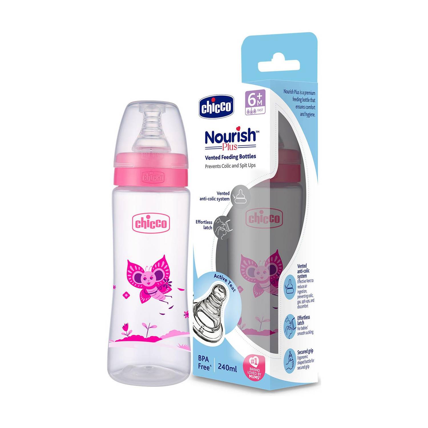 Chicco Nourish Plus Feeding Bottle 240ml Fast Flow 6M+ - 240 ml