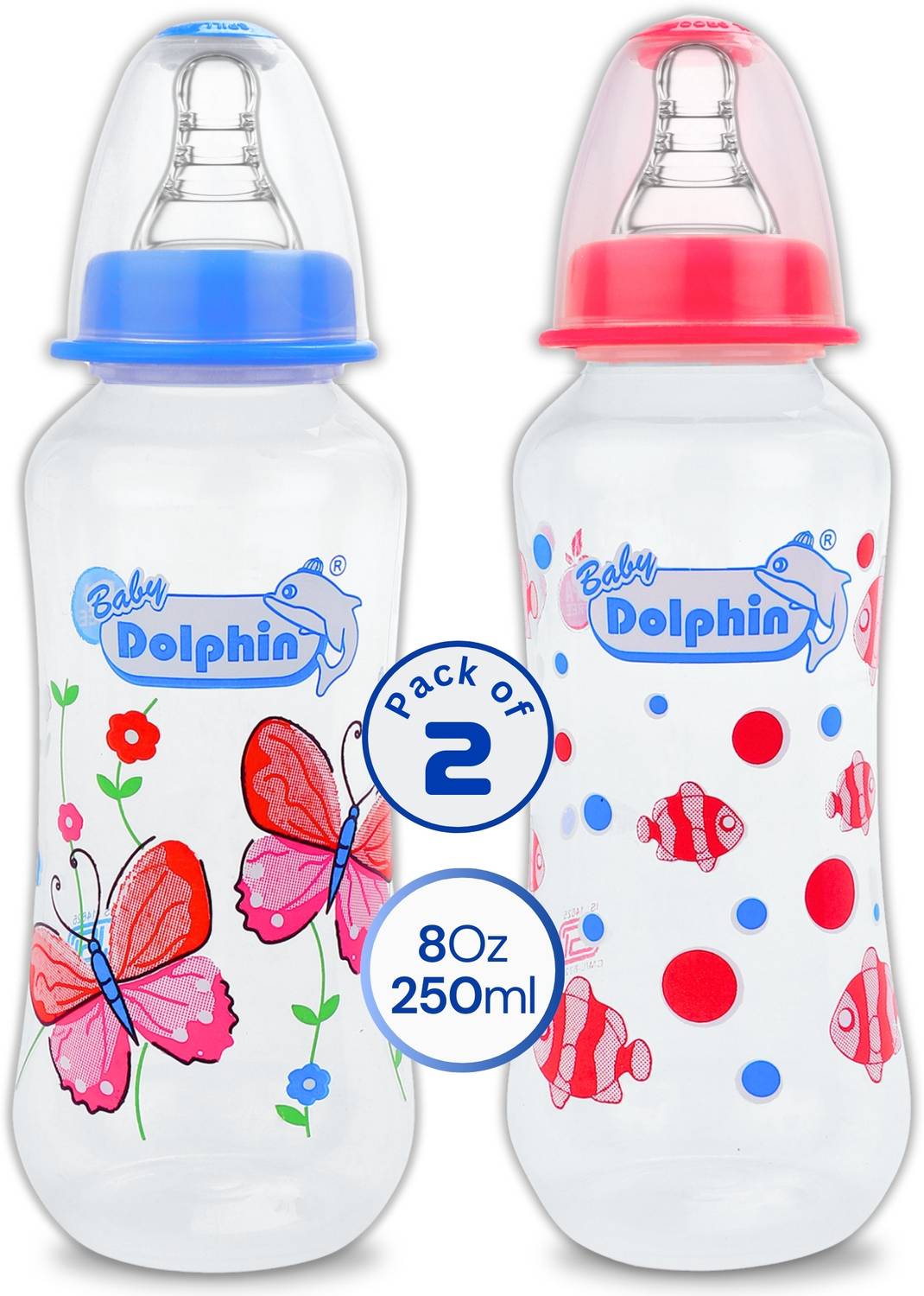 Baby Dolphin Anti-Colic Slim Neck Baby Feeding Bottle, BPA Free, Fish & Butterfly - 250 ml
