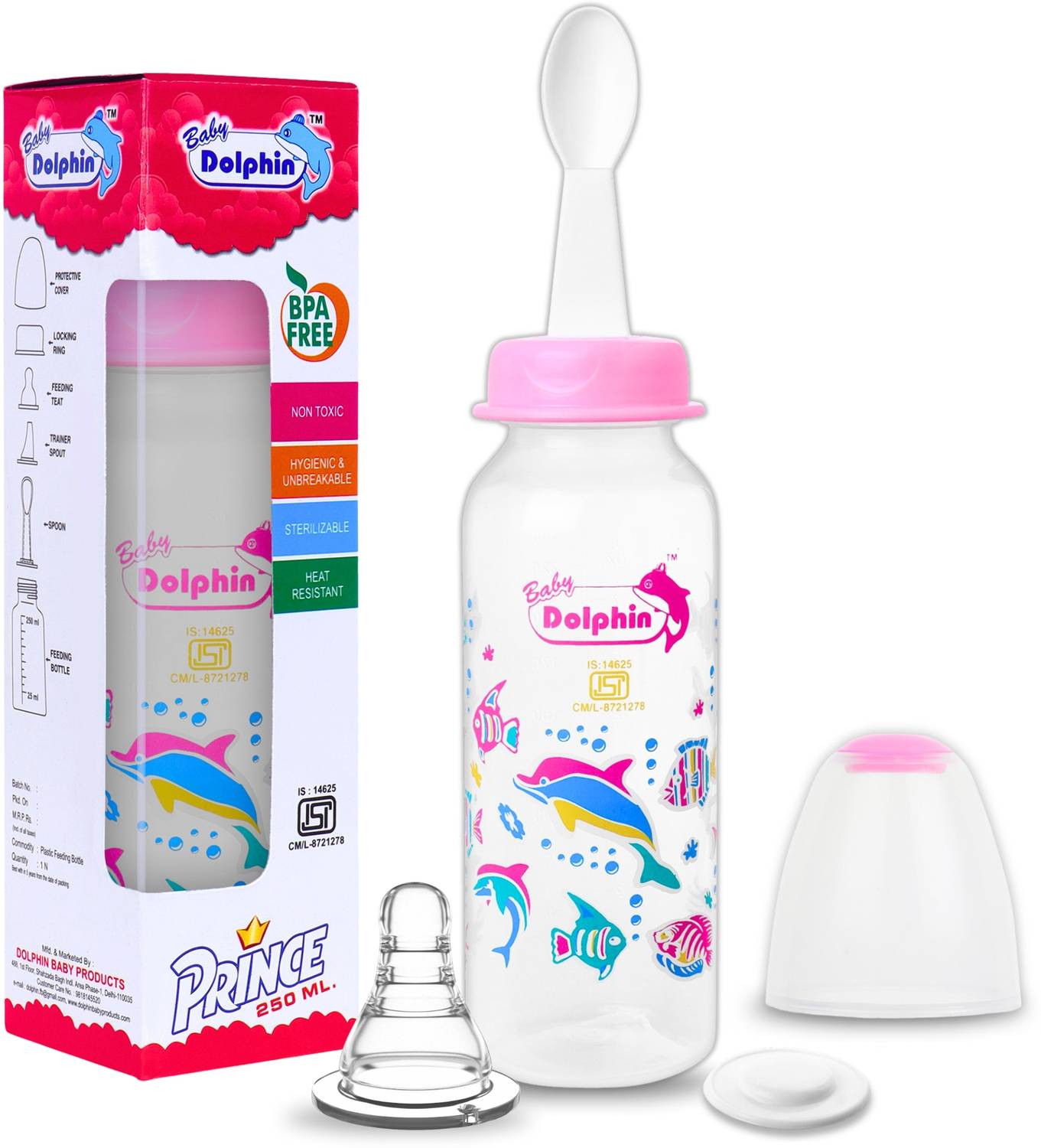 Baby Dolphin Prince 2 in 1 Baby Feeding Bottle with Spoon |Anti-Colic| BPA Free, 3m+, Fish - 250 ml