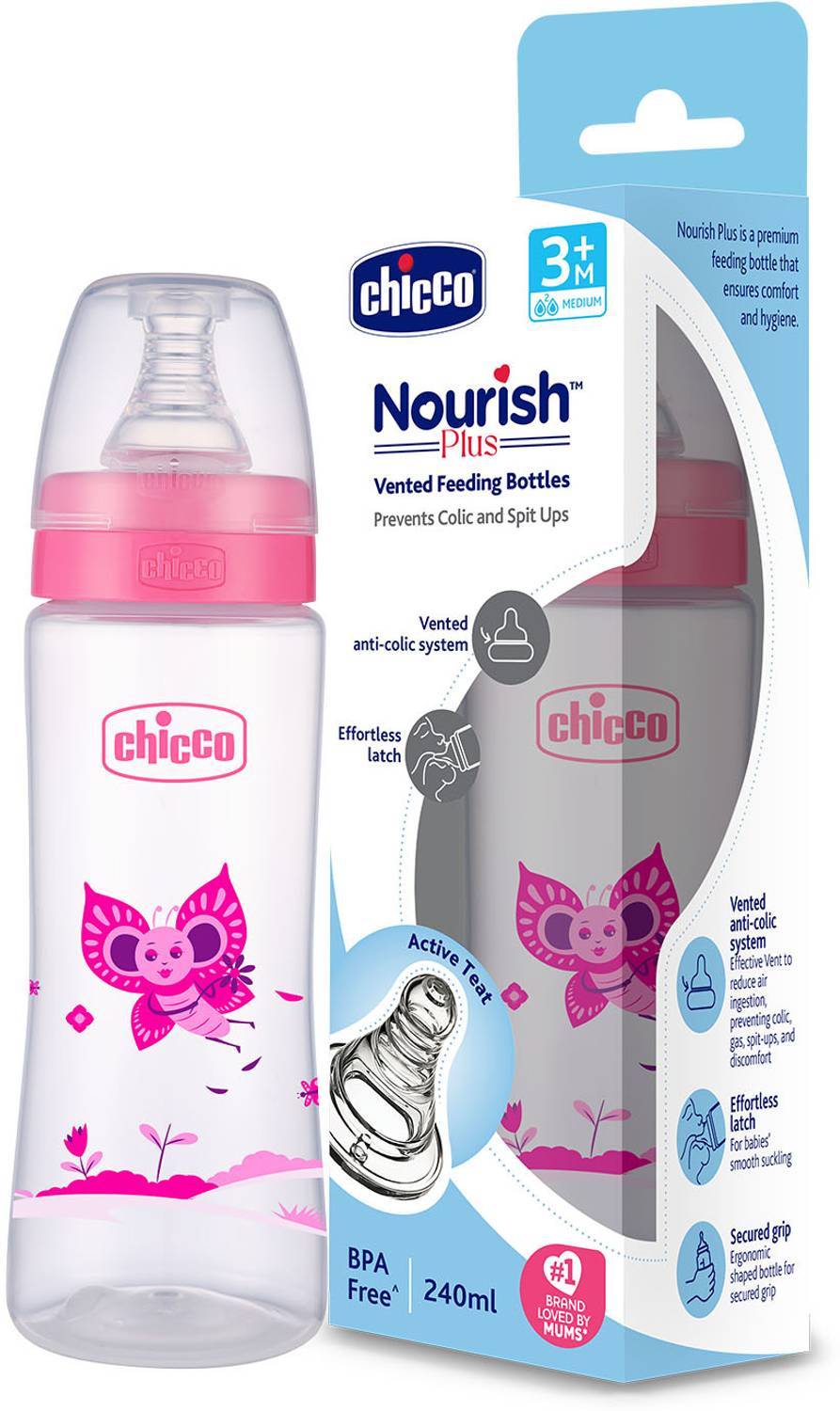 Chicco Nourish Plus Feeding Bottle 240ml Medium Flow 3M+ - 240 ml